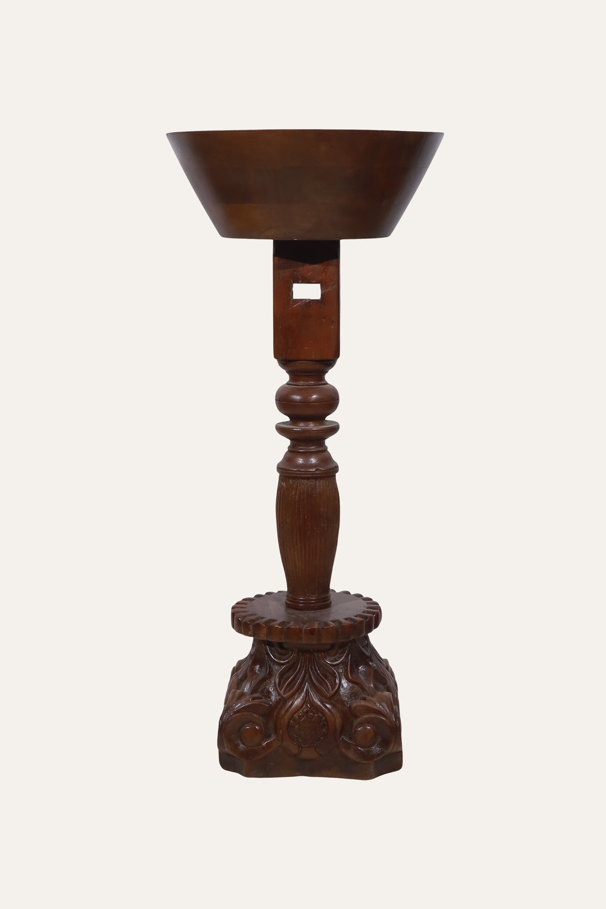 Vintage Carved Wooden Pedestal Bowl Stand with Ornate Base