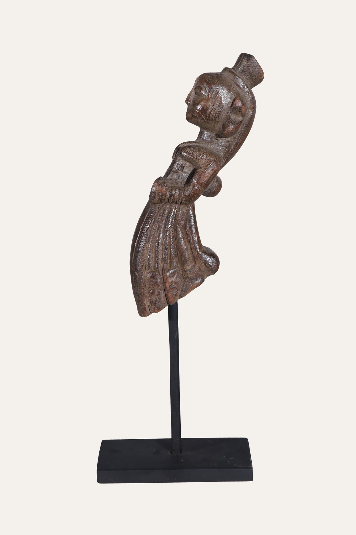 Carved Wooden Indian Folk Doll Figure on Black Stand