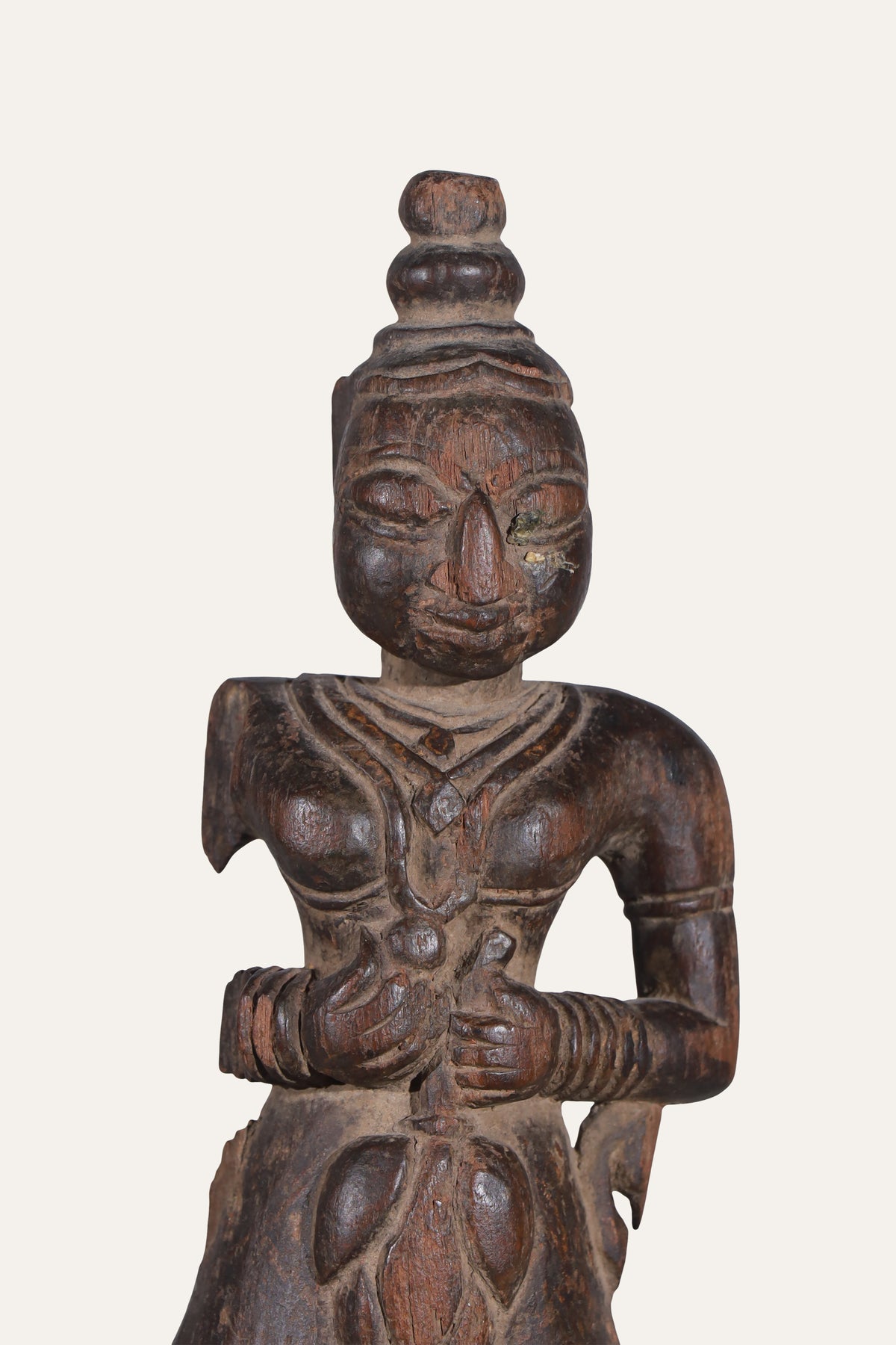 Carved Indian Female Folk Figurine on Black Display Stand