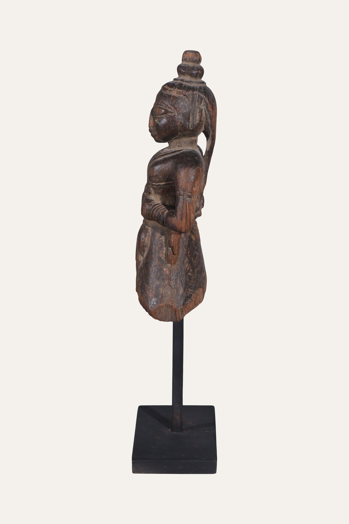 Carved Indian Female Folk Figurine on Black Display Stand