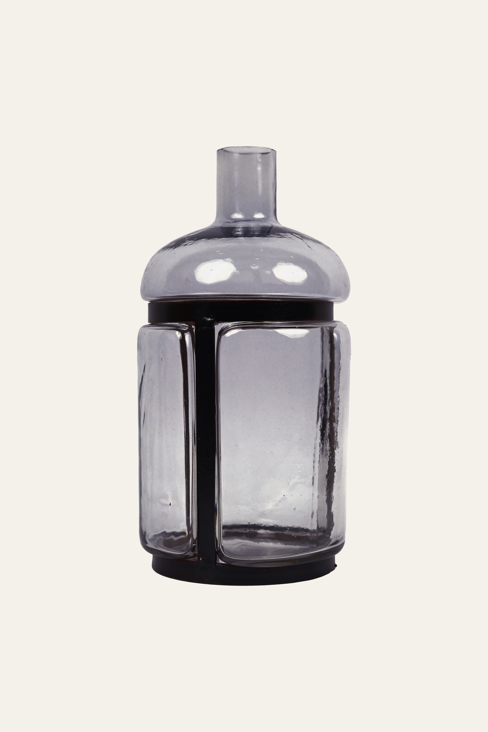 Smoked Glass Bottle Vase in Metal Cage - Tall