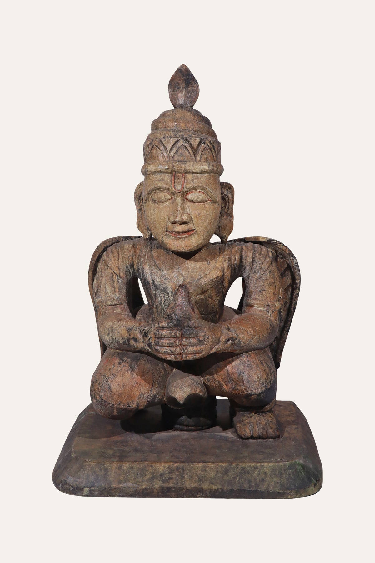 Seated Temple Guardian Wooden Figurine in Patina Finish