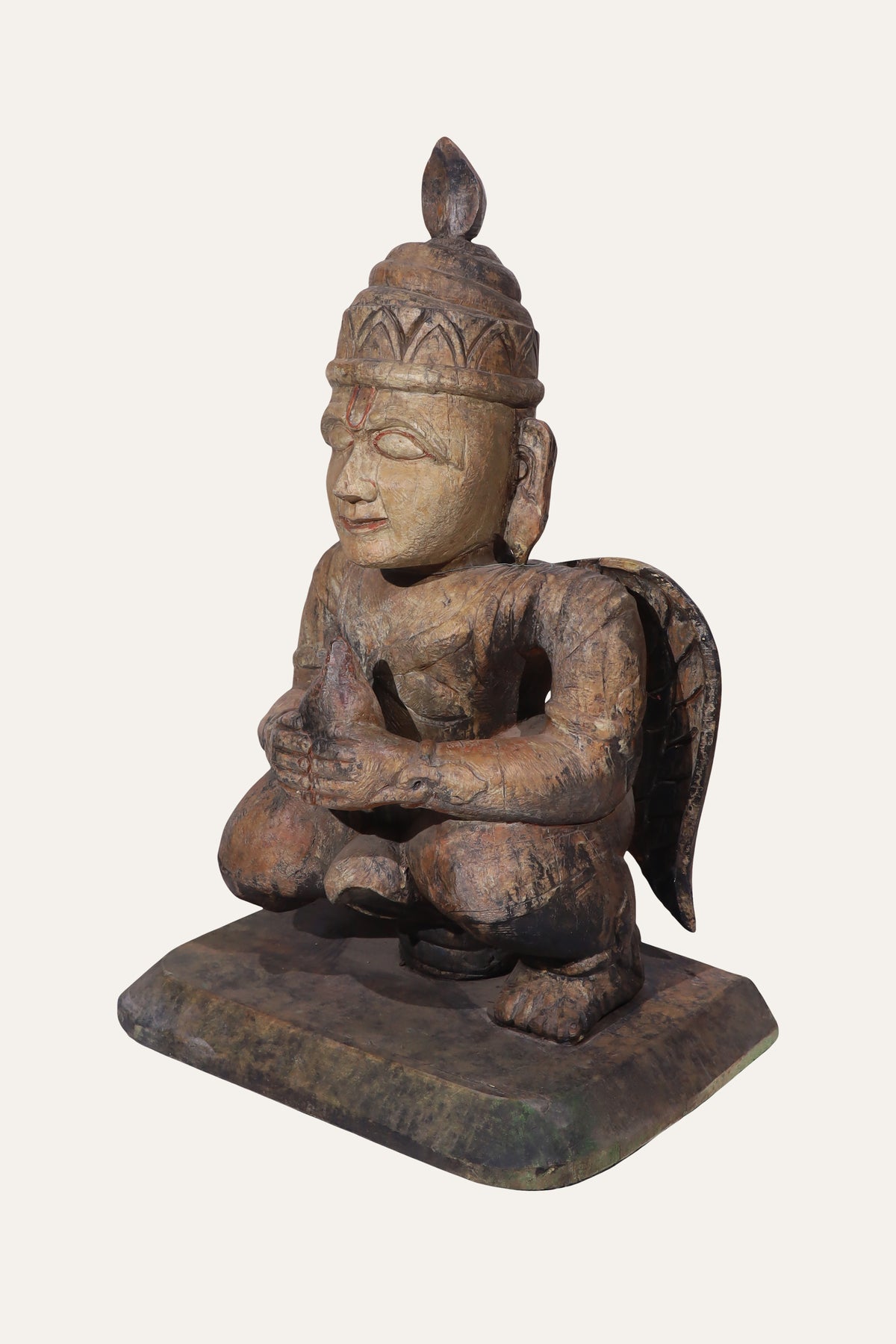 Seated Temple Guardian Wooden Figurine in Patina Finish