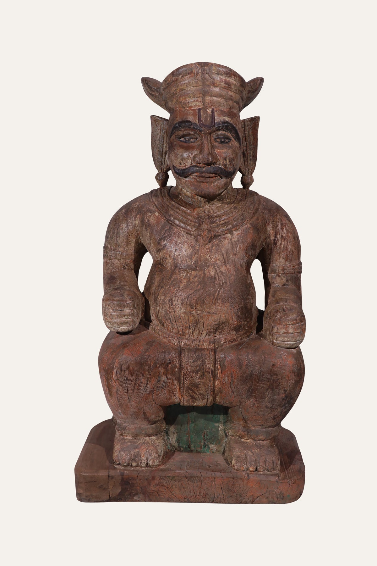 Hand-Carved Wooden Seated Dwarapala Figure