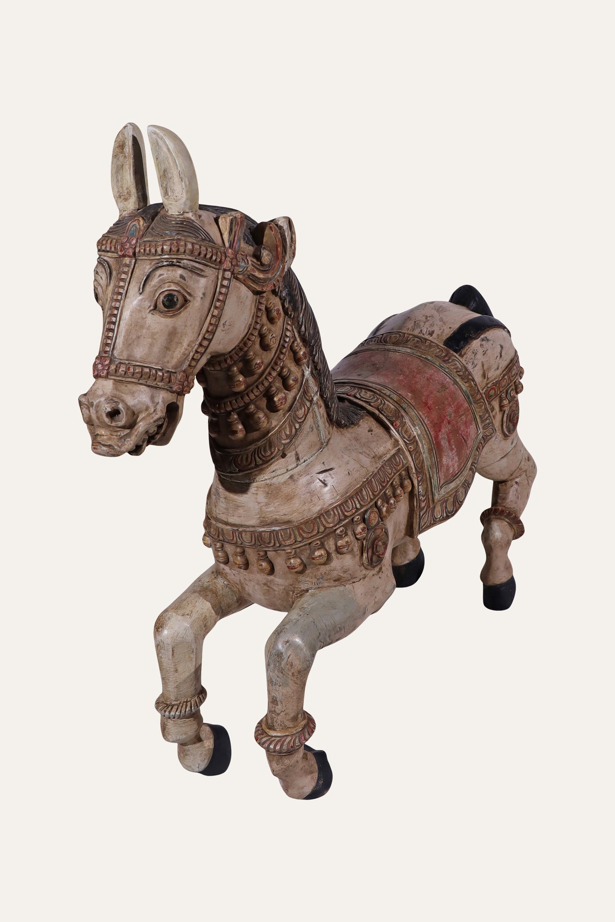 Hand-Painted Ceremonial Horse Figurine with Carved Tack