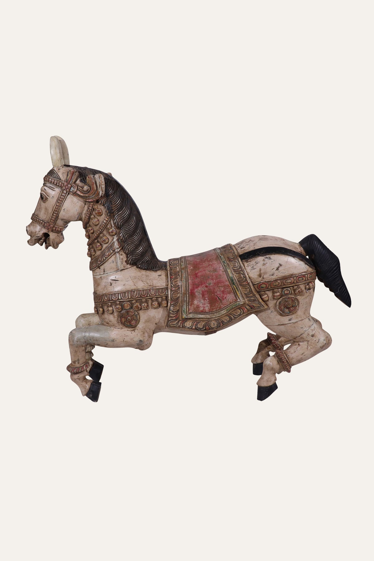 Hand-Painted Ceremonial Horse Figurine with Carved Tack