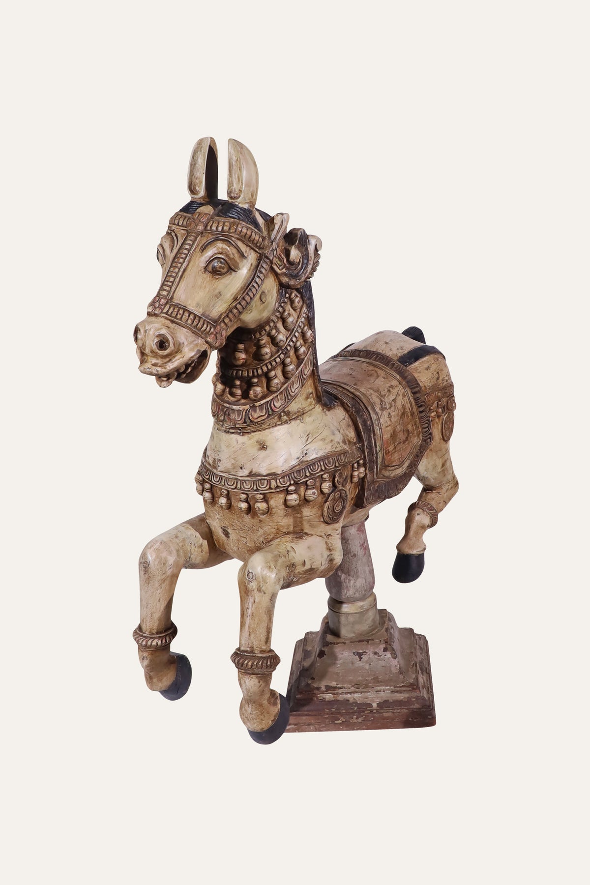 Distressed Cream Ceremonial Temple Horse Sculpture on Square Base