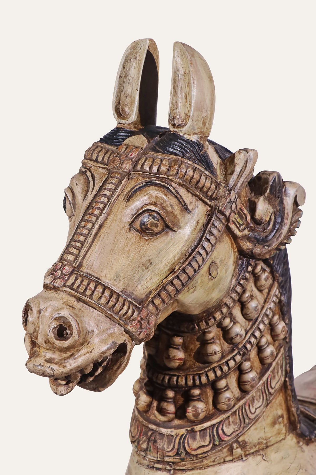 Distressed Cream Ceremonial Temple Horse Sculpture on Square Base
