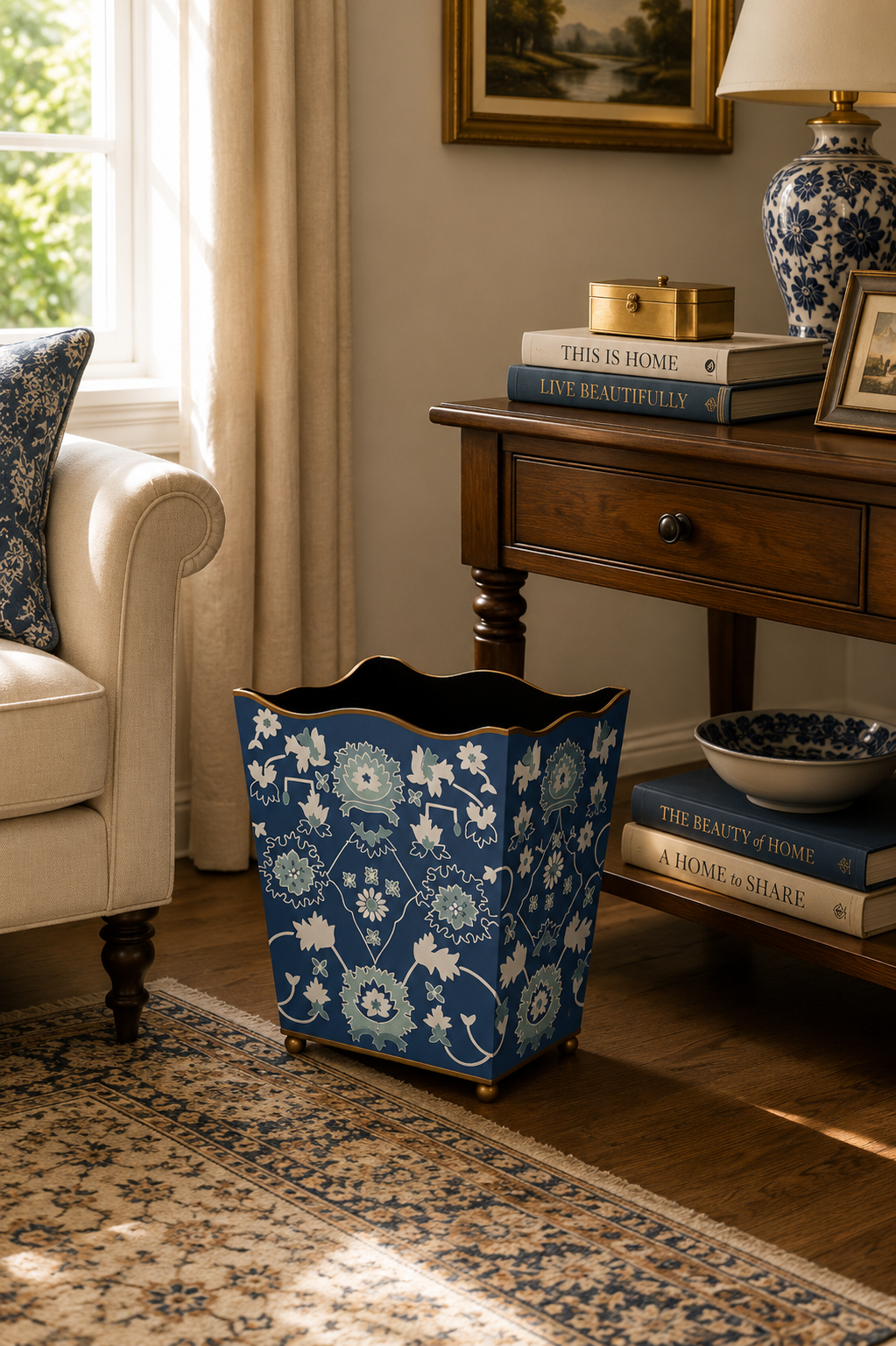 Blue Floral Square Metal Waste Bin & Planter