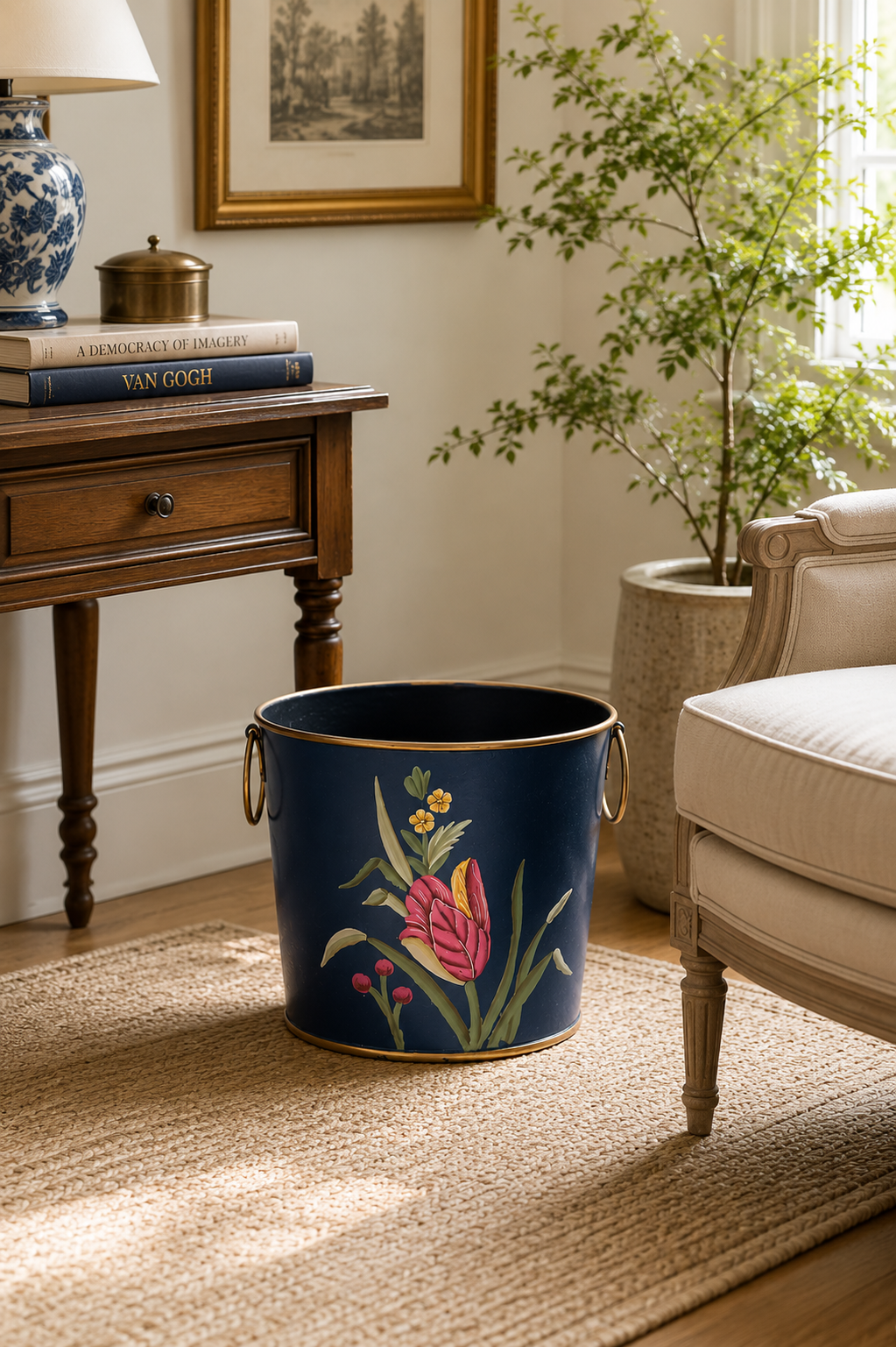 Blue Floral Hand Painted Metal Waste Bin with Handles