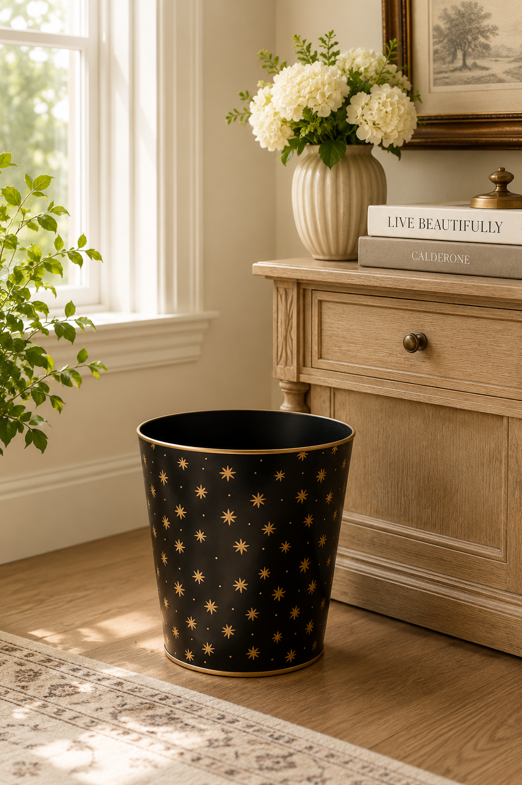 Star Pattern Hand Painted Metal Bin in Black