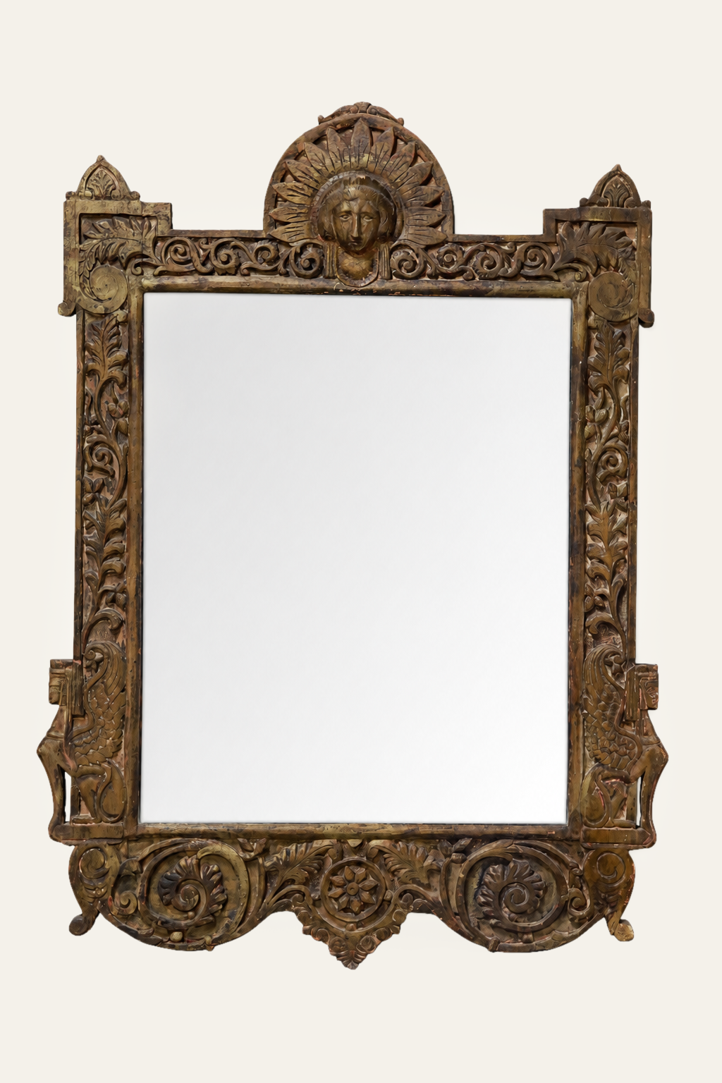 Spanish Baroque Style Carved Wooden Wall Mirror with Ornate Crest