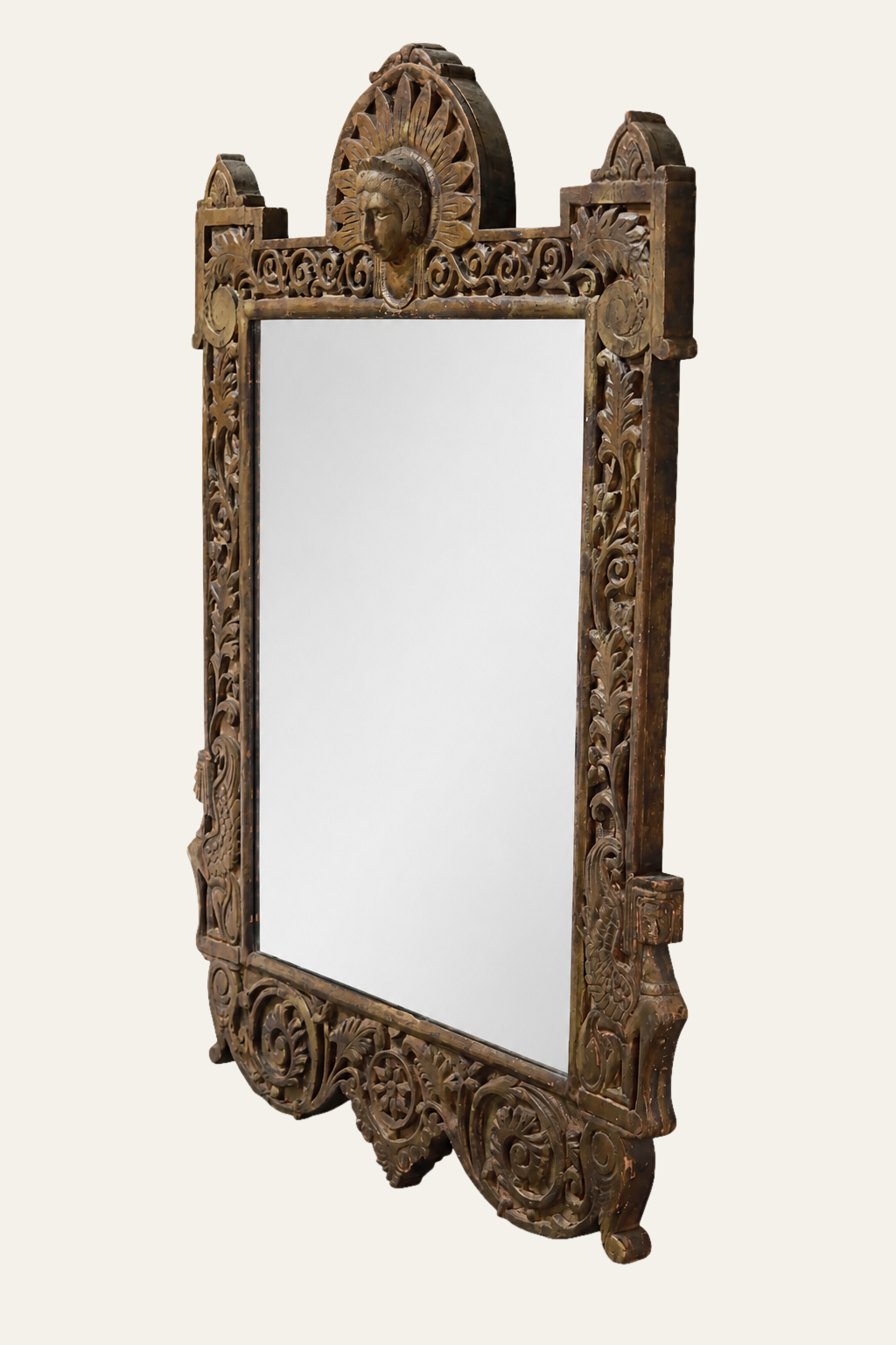 Spanish Baroque Style Carved Wooden Wall Mirror with Ornate Crest