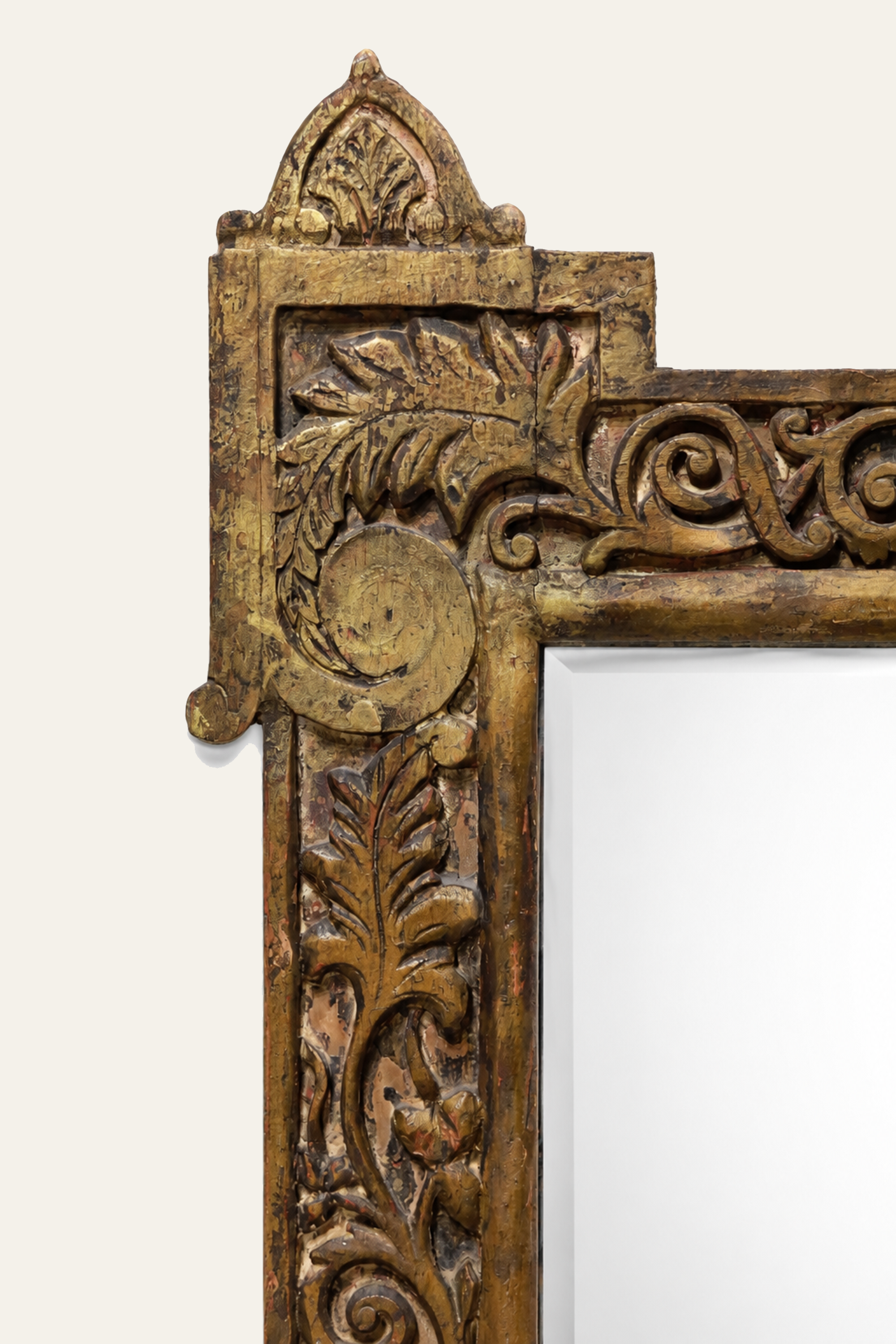 Spanish Baroque Style Carved Wooden Wall Mirror with Ornate Crest