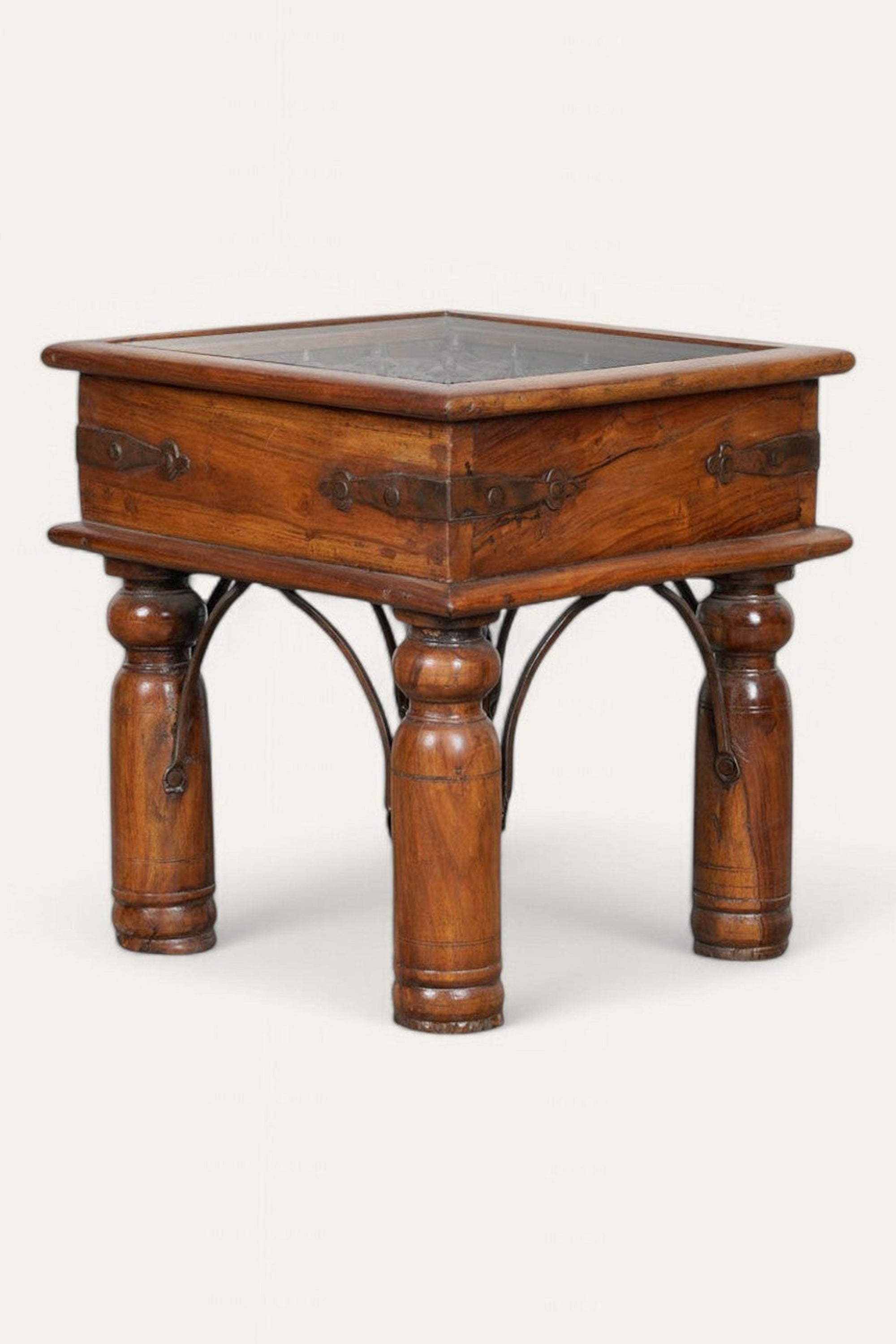 Metal and Wood Hand Carved Side Table