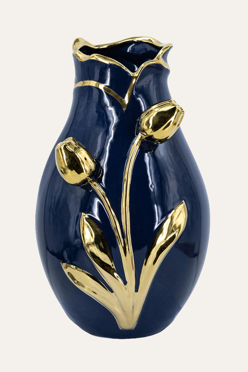 Navy blue vase with gold tulip designs