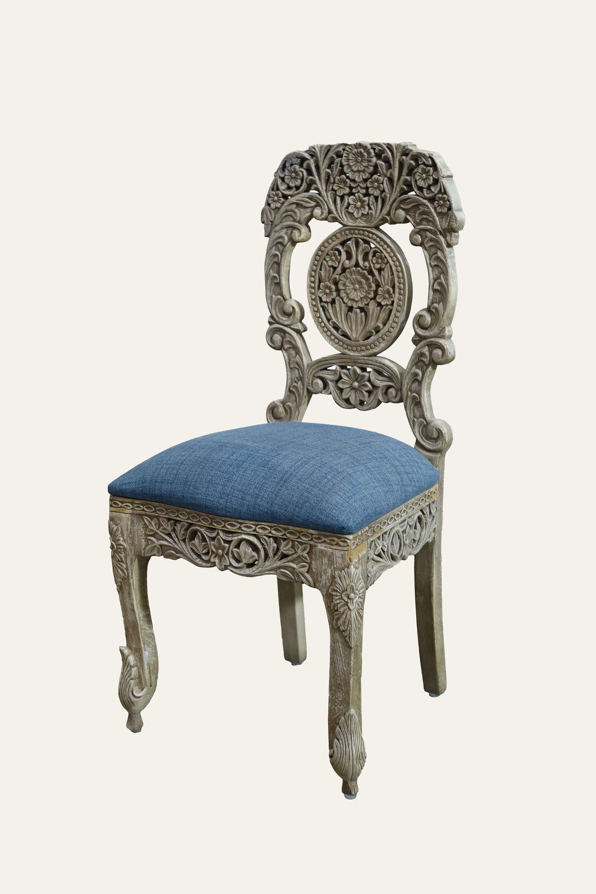 Ornate Grey Carved Wooden Study Chair
