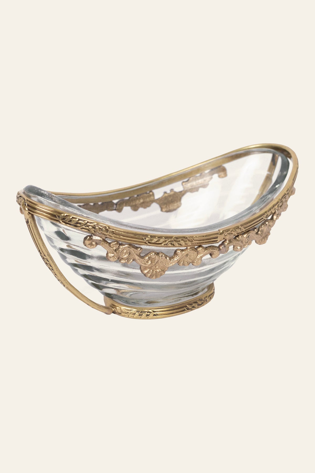Oval ribbed glass decorative tray with antique brass finish