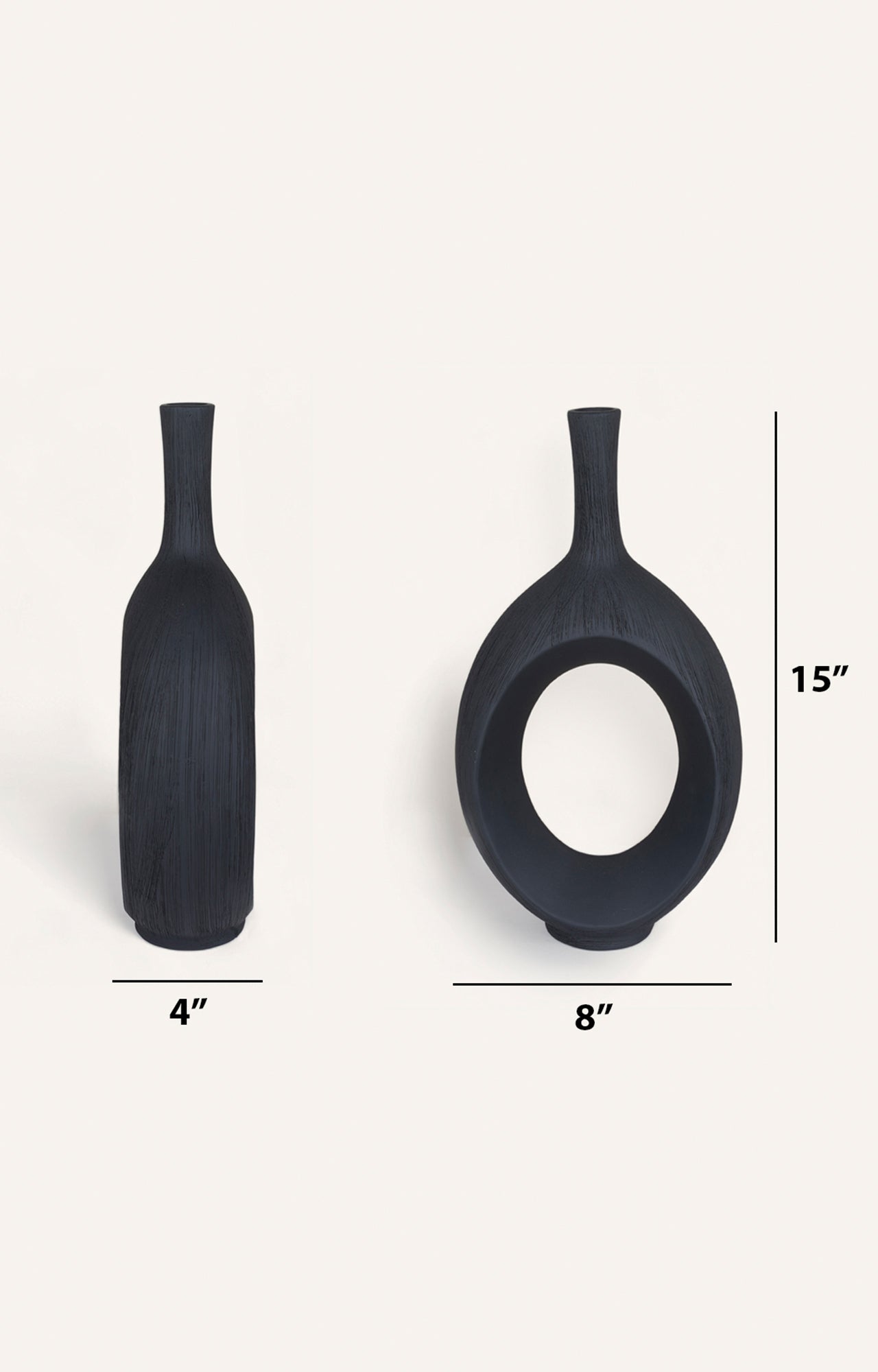 Pair of Modern Black Ceramic Vases with Oval Cutouts_size