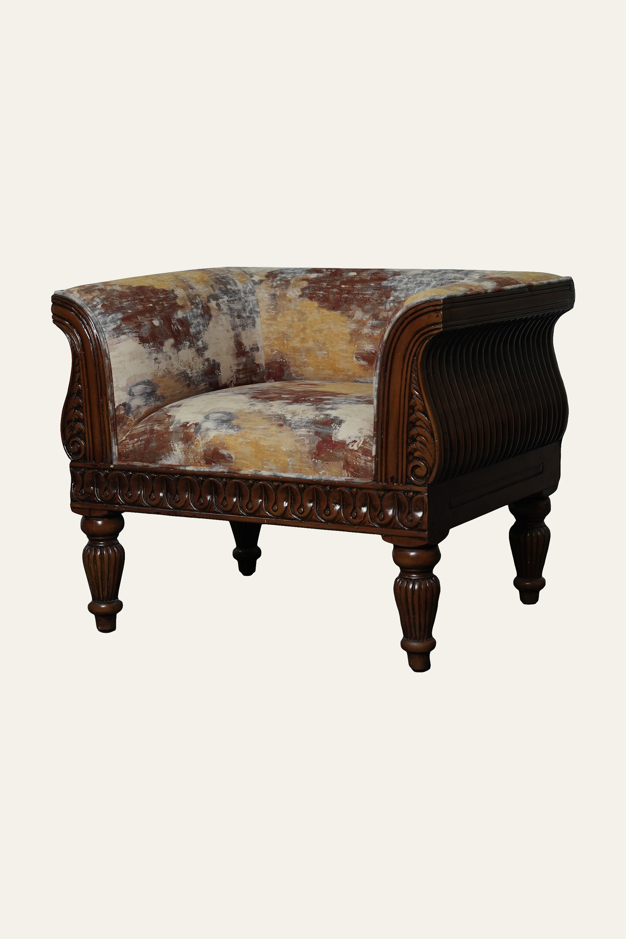 Carved Barrel Armchair with Upholstery
