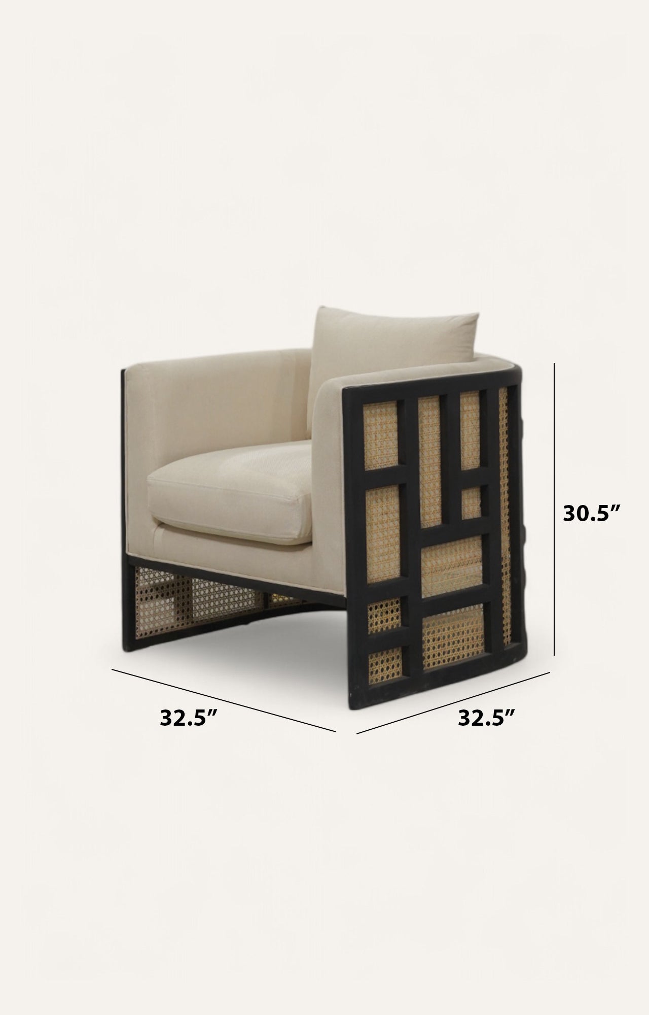 Beige armchair with black wicker frame