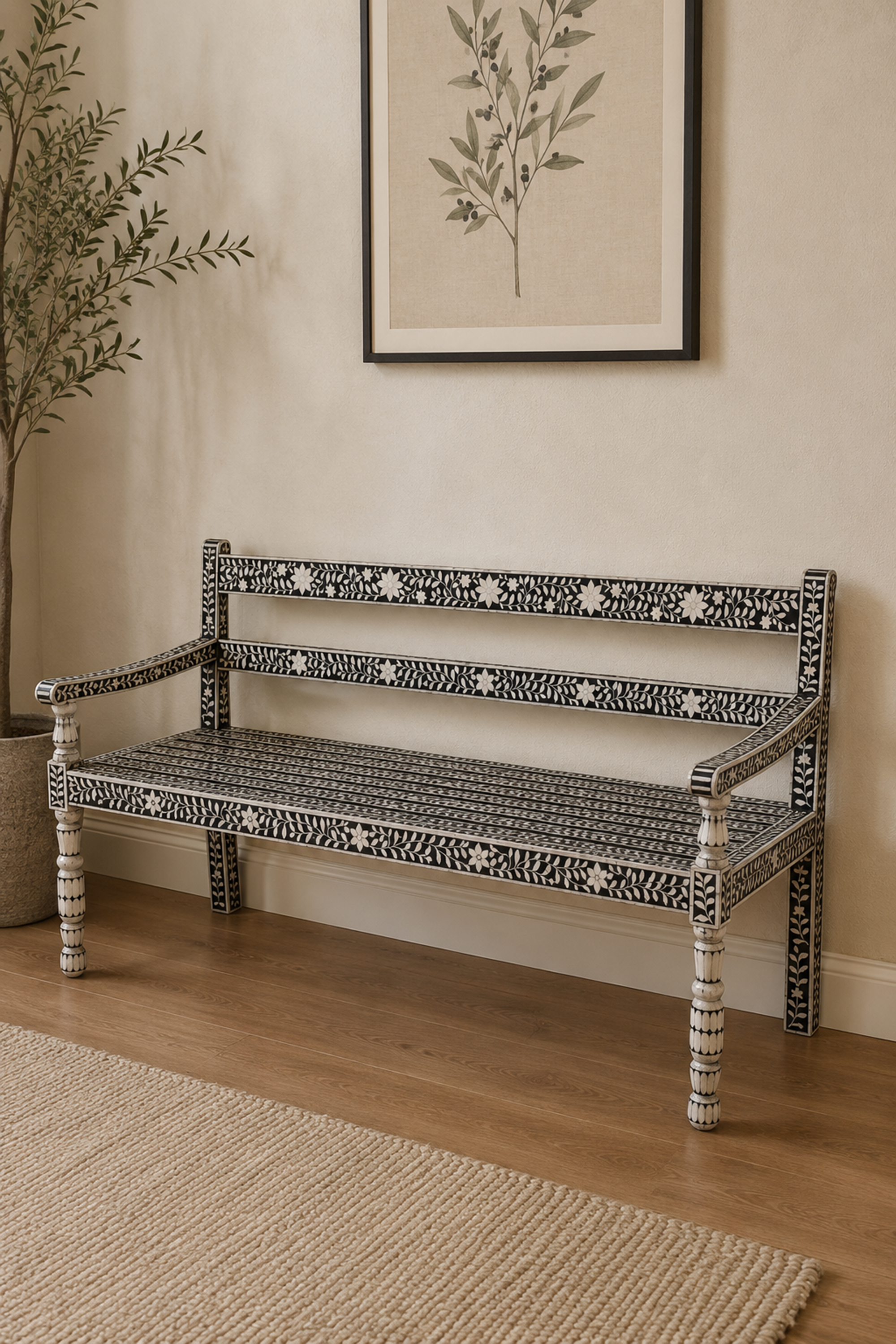 Black and White Floral Bone Inlay Bench for Hallway