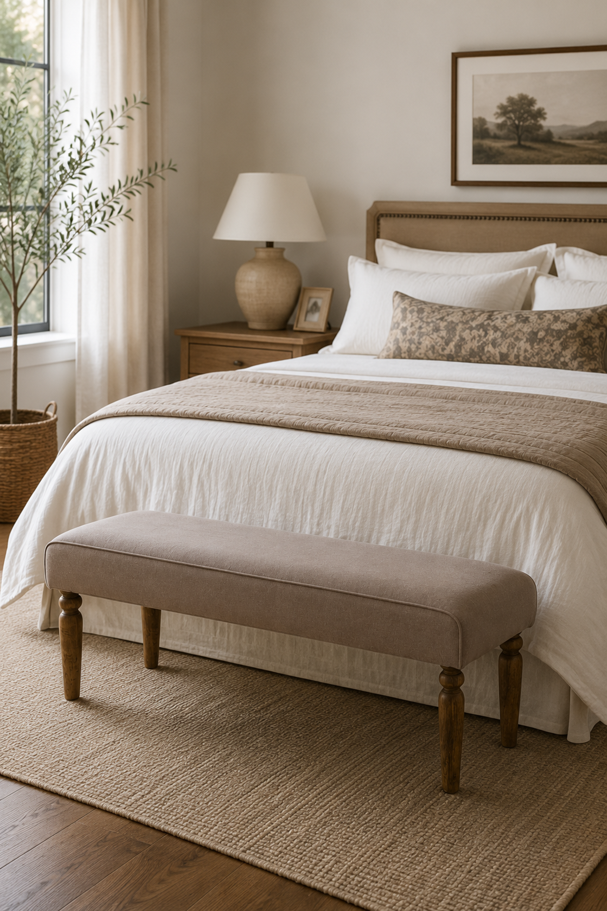 Long Upholstered Solid Wood Bench with Tapered Legs