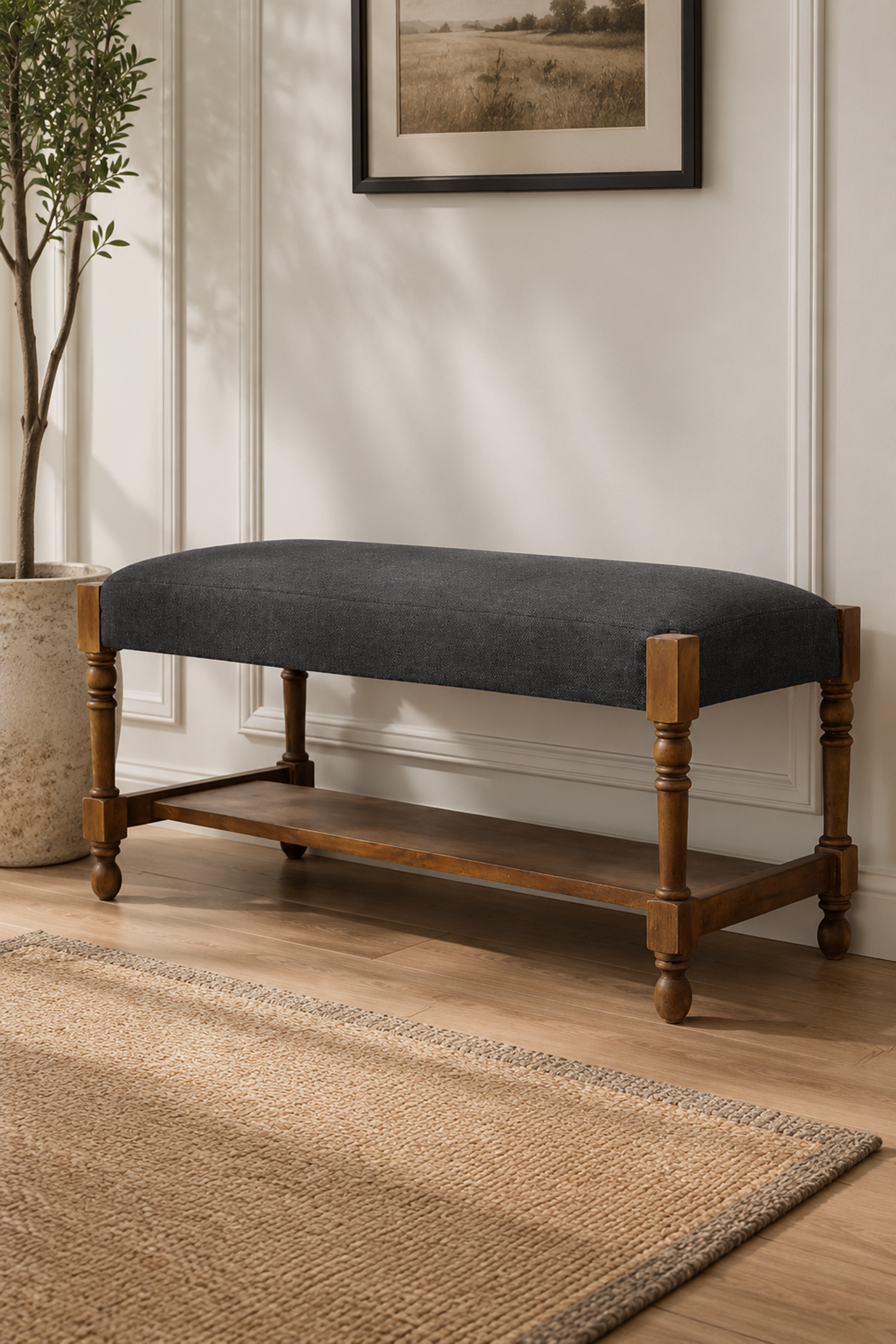 Charcoal Black Upholstered Solid Wood Bench with Lower Shelf