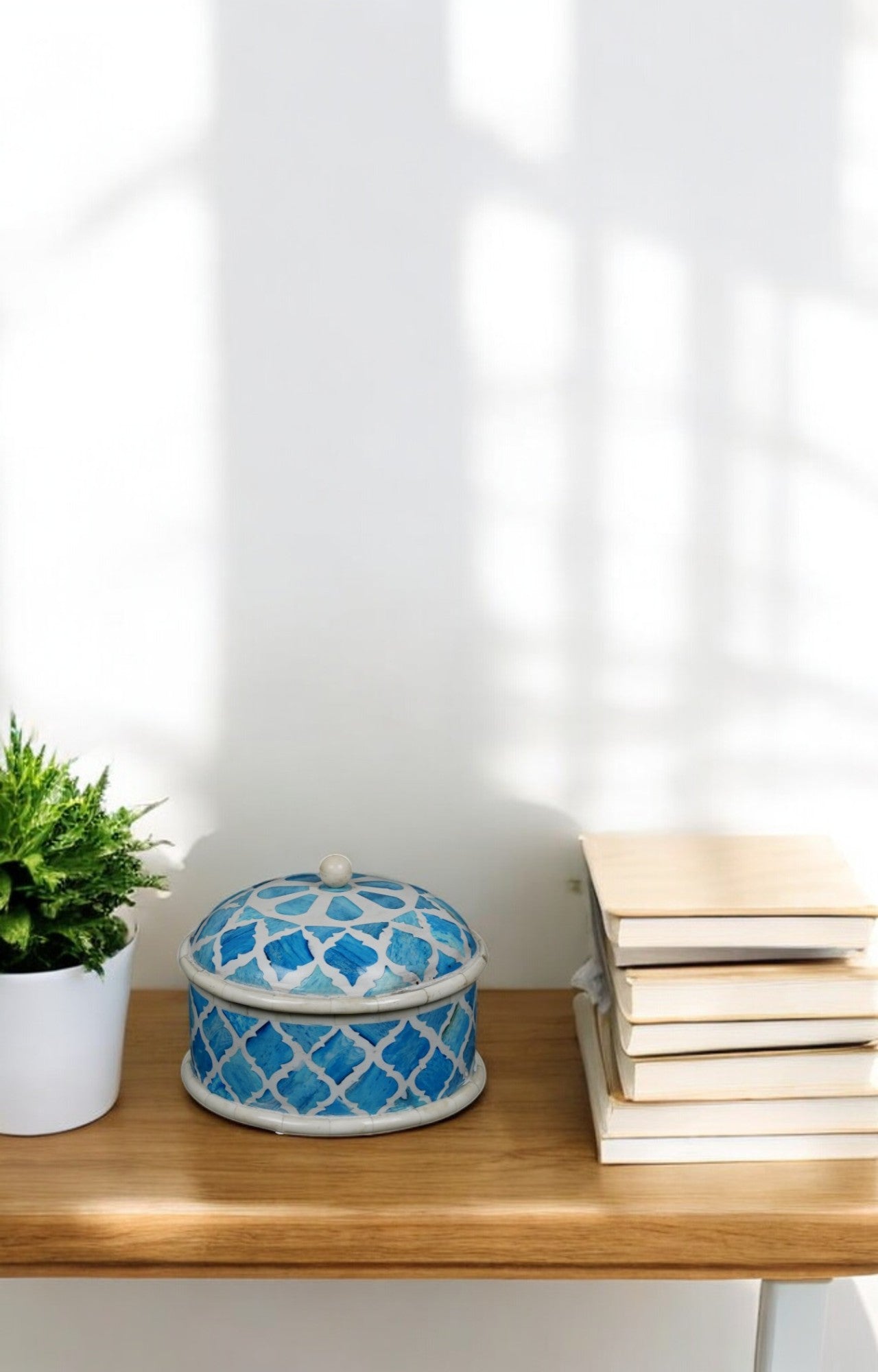 Blue & White Round Inlay Box with Dome Lid