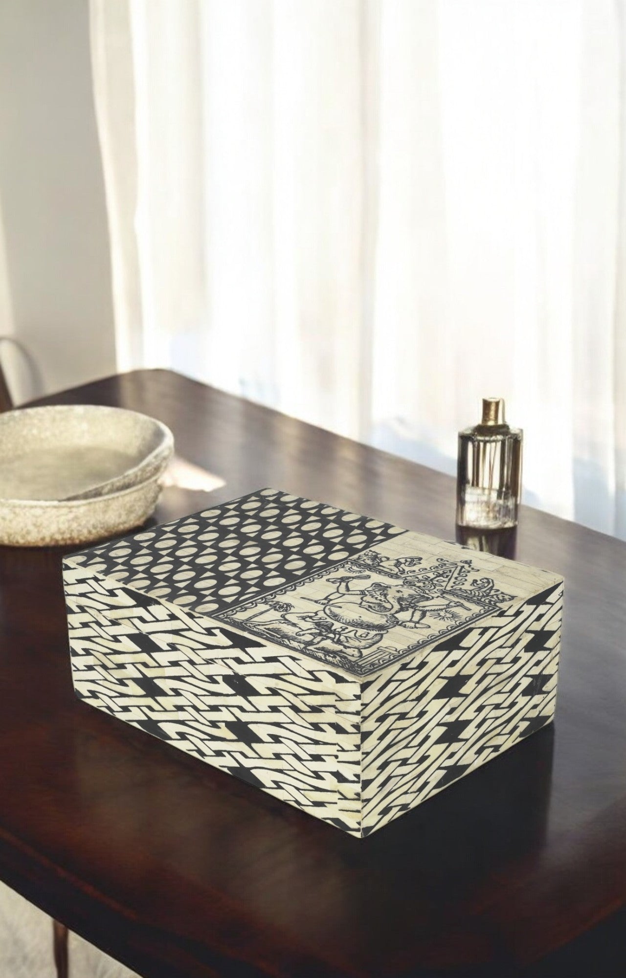 Ganesha Narrative Bone Inlay Box with Textured Panels