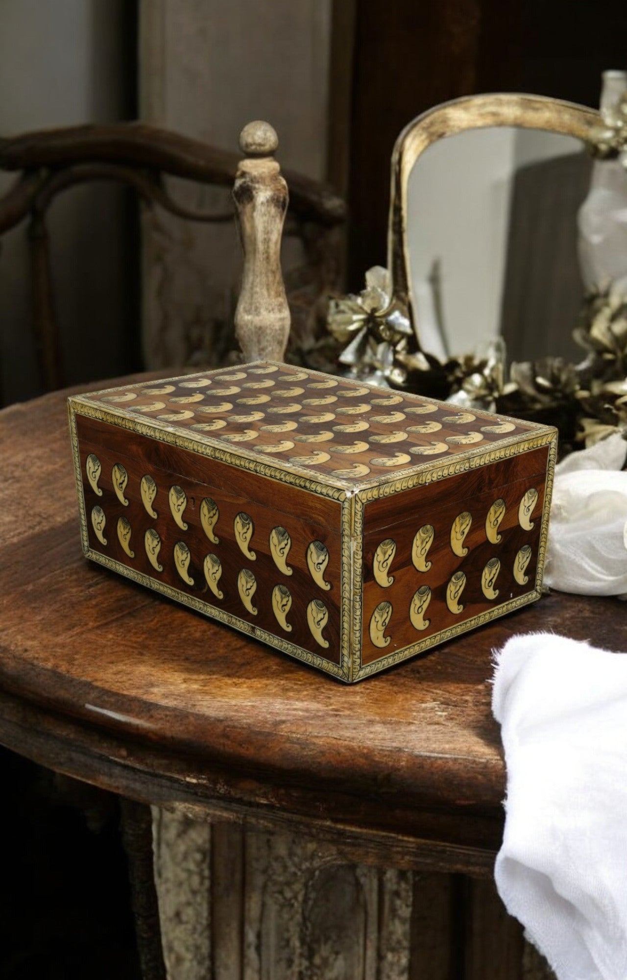 Vintage Mango Wood Box with Brass Paisley Motifs