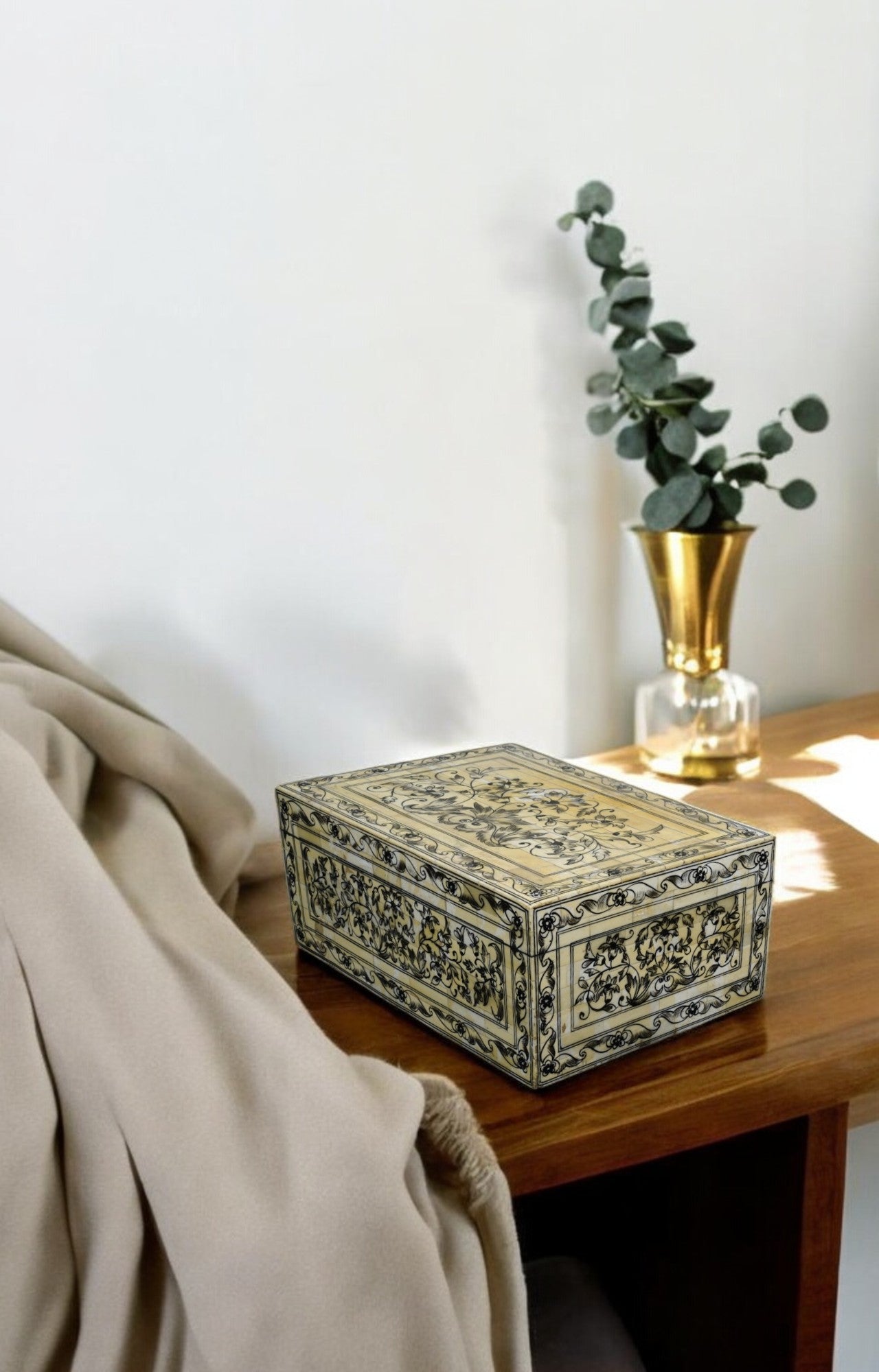Floral Vine Bone Inlay Box in Delicate Ivory Hues