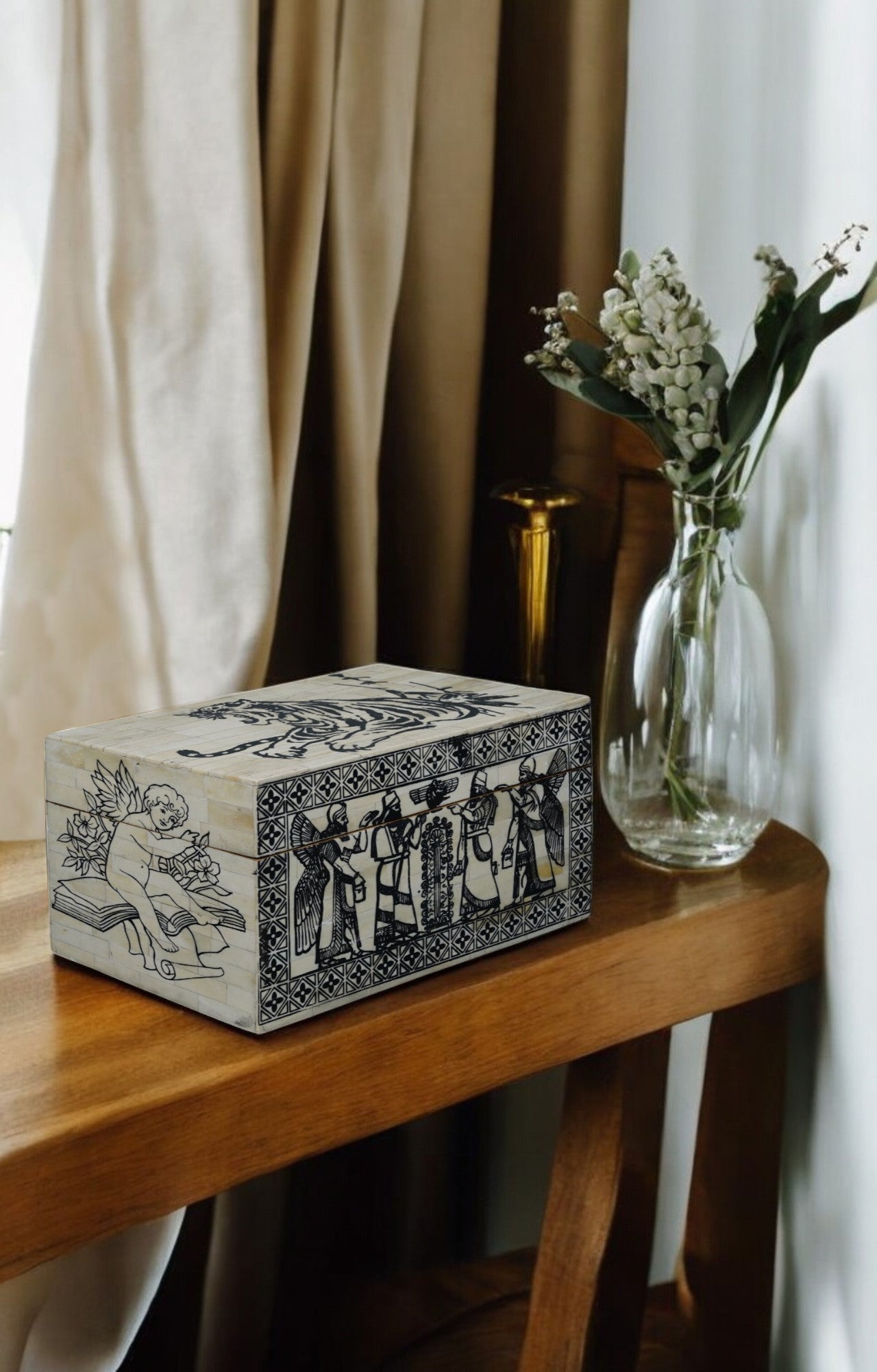 Camel Bone Inlay Box with Angelic Scene and Heraldic Lion