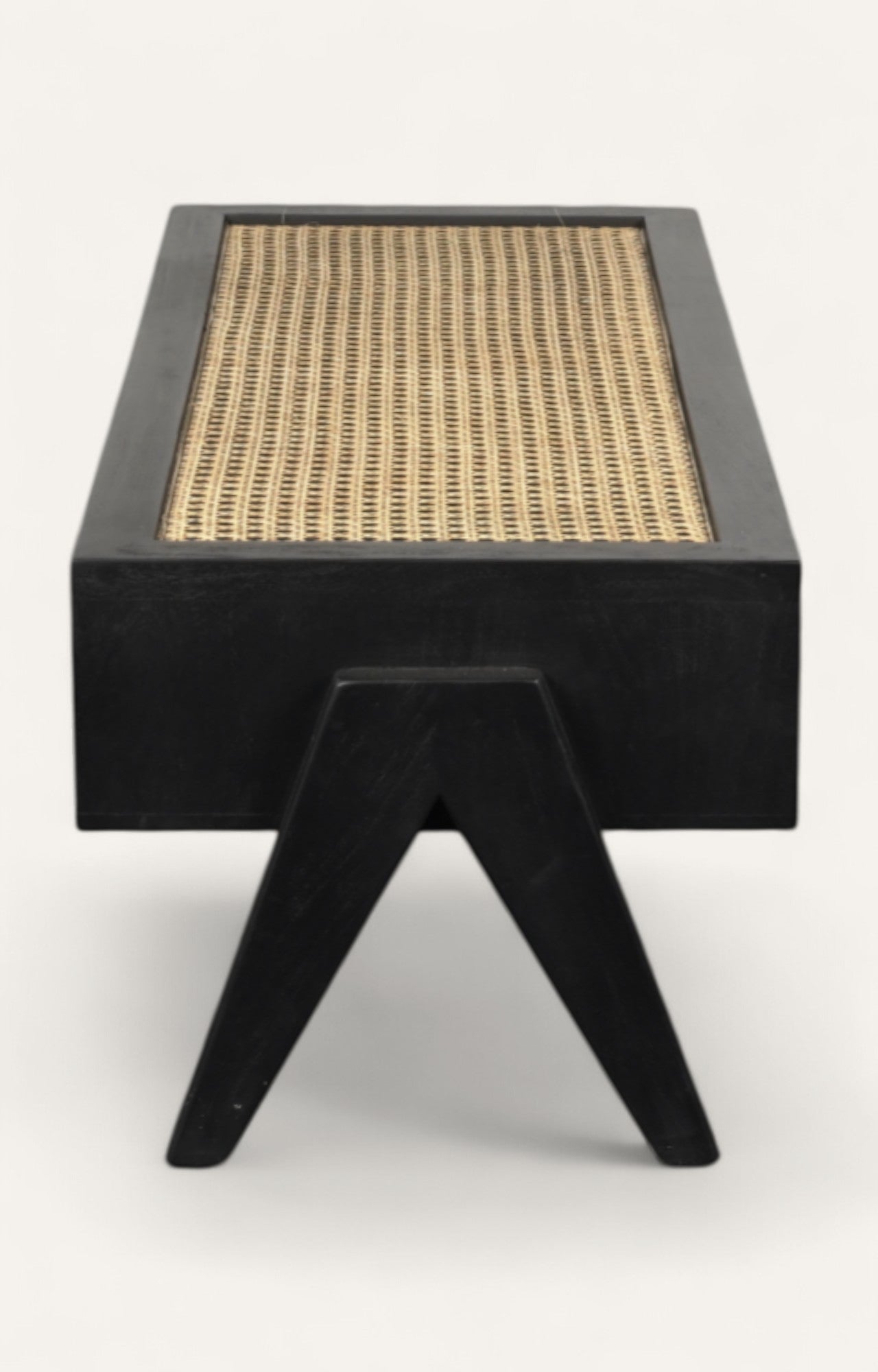 Black wooden stool with woven seat