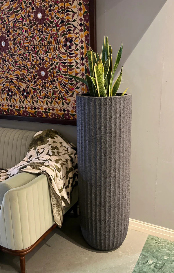 Decorative Charcoal Ribbed Resin Pot
