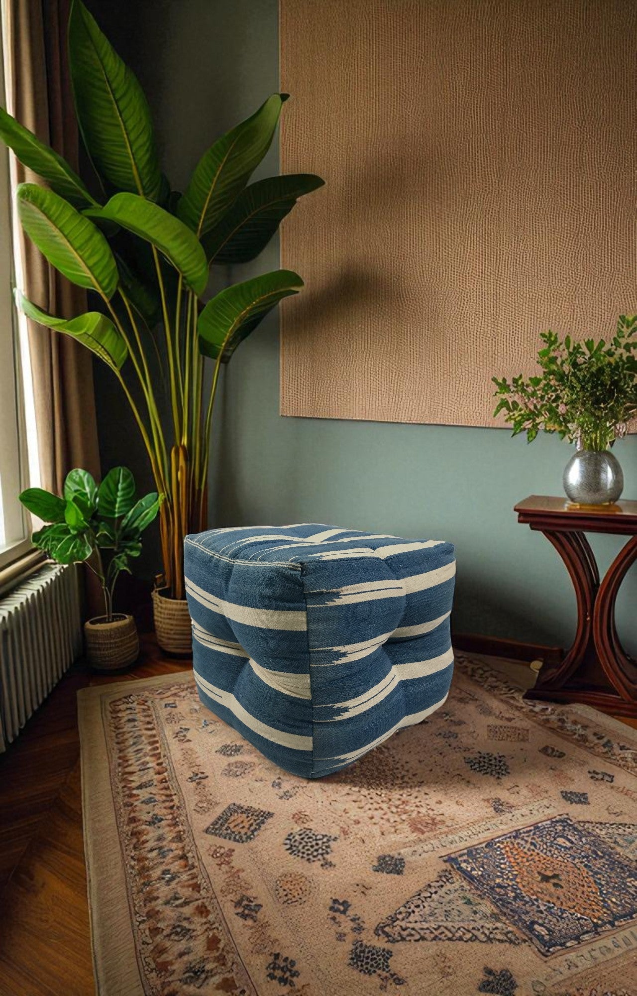 Blue and White Striped Handwoven Pouf Stool