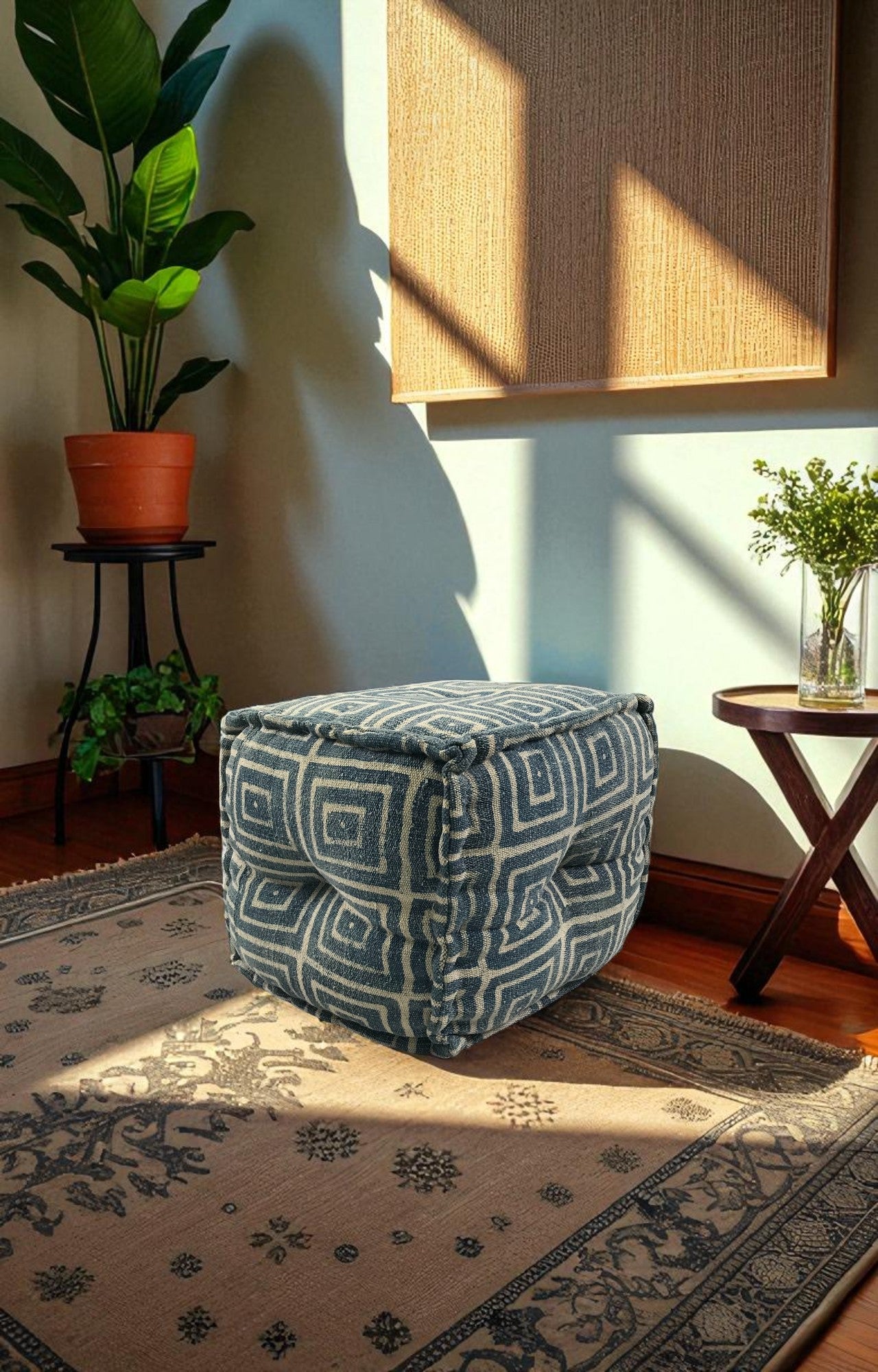 Geometric Block Print Handwoven Pouf Stool