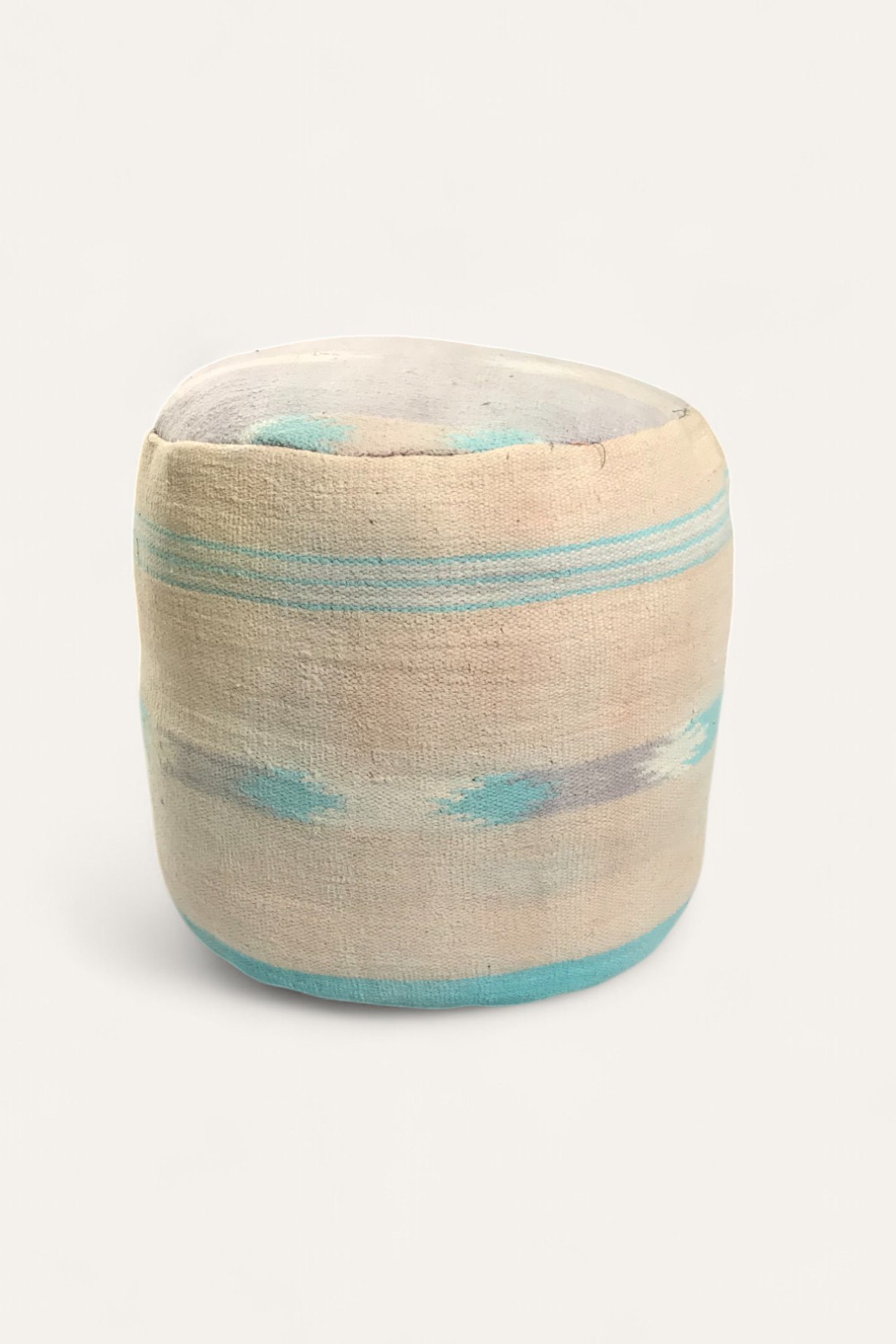 Handwoven Dhurrie Pouf Ottoman in Blue and Ivory