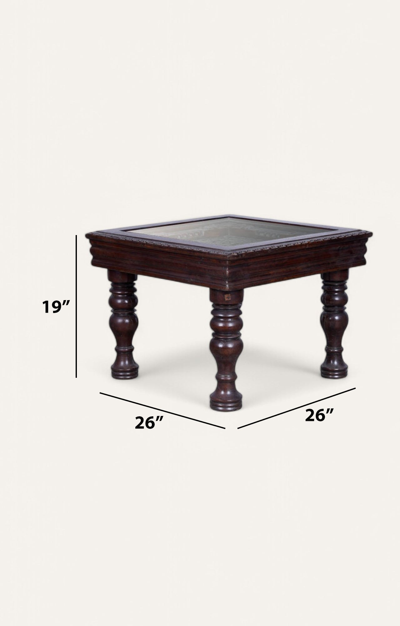 Carved Wooden Side Table with Glass Top