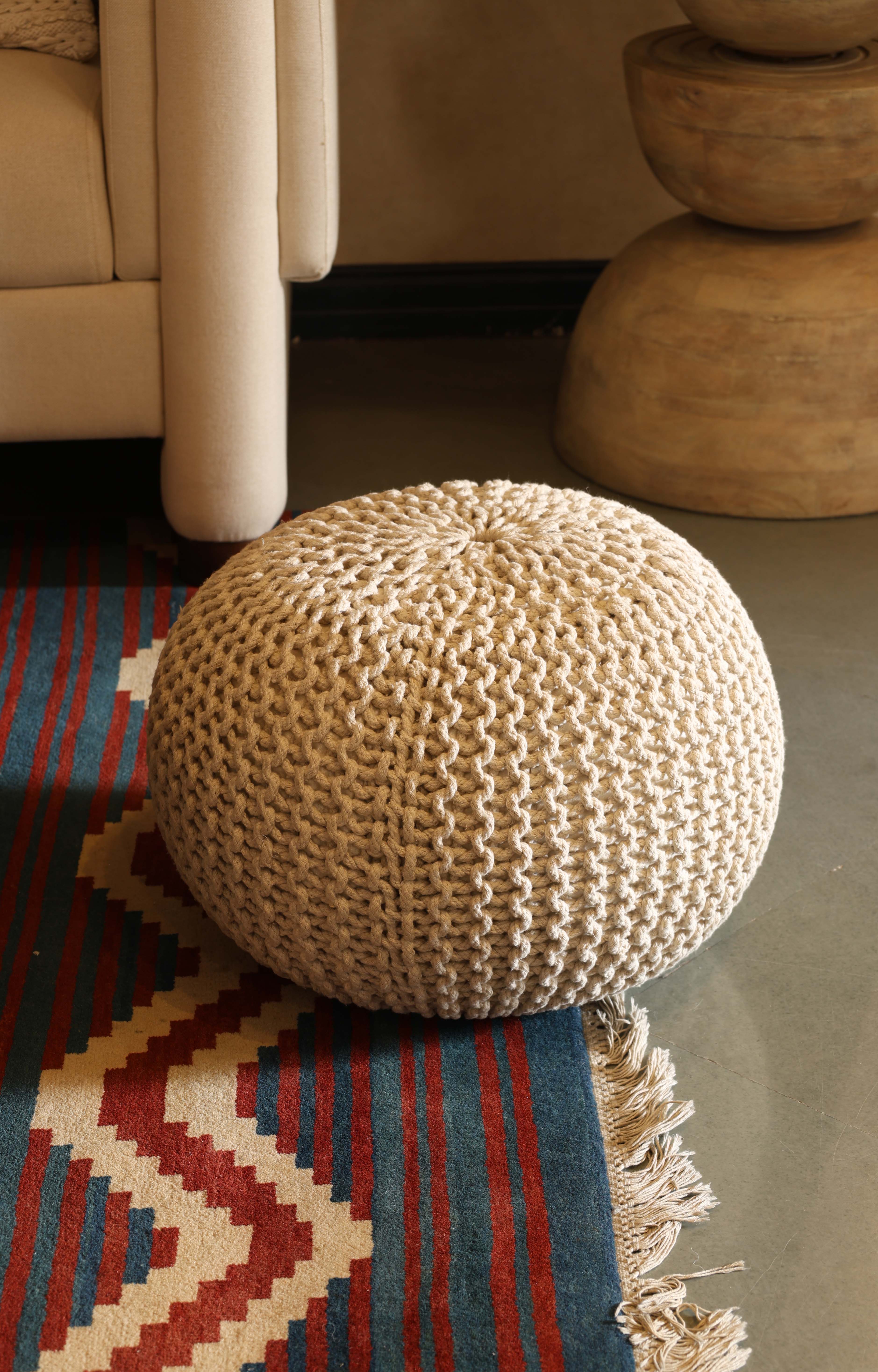 Handwoven Ivory Pouf