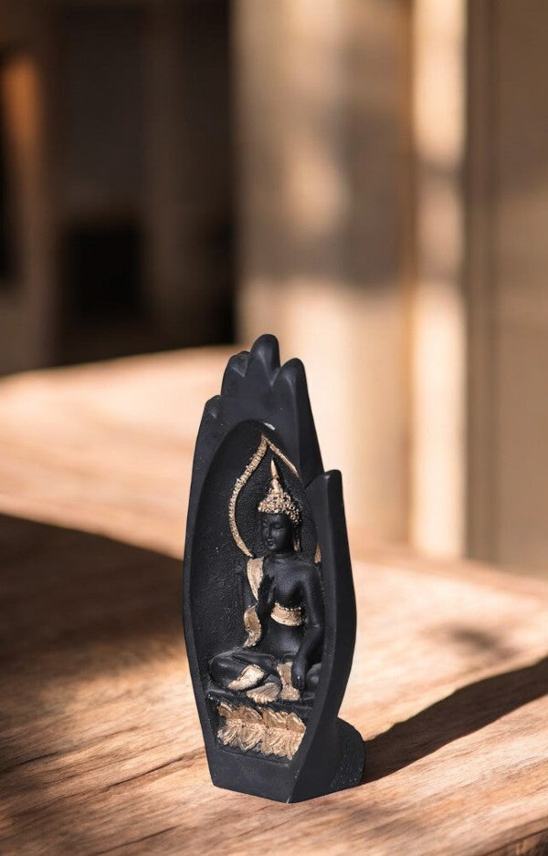 Resin Buddha Sculpture in Hand – Black & Gold Finish