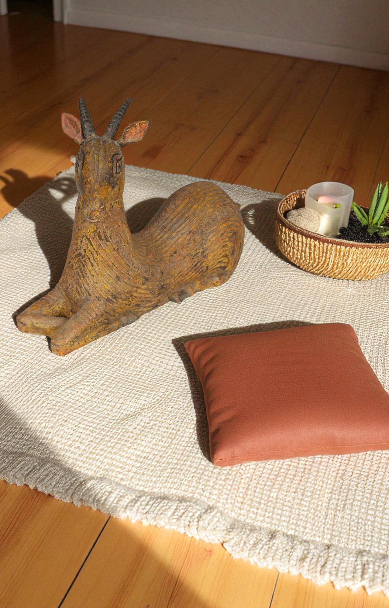 Yellow Patina Hand-Carved Goat Figurine