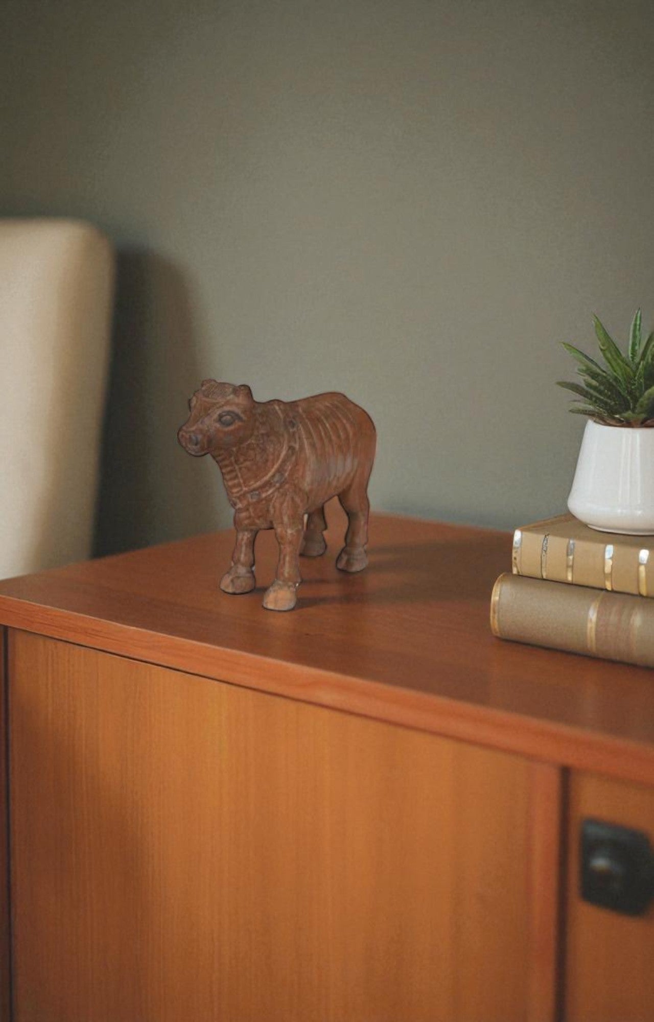 Vintage Handcarved Wooden Bull Figurine