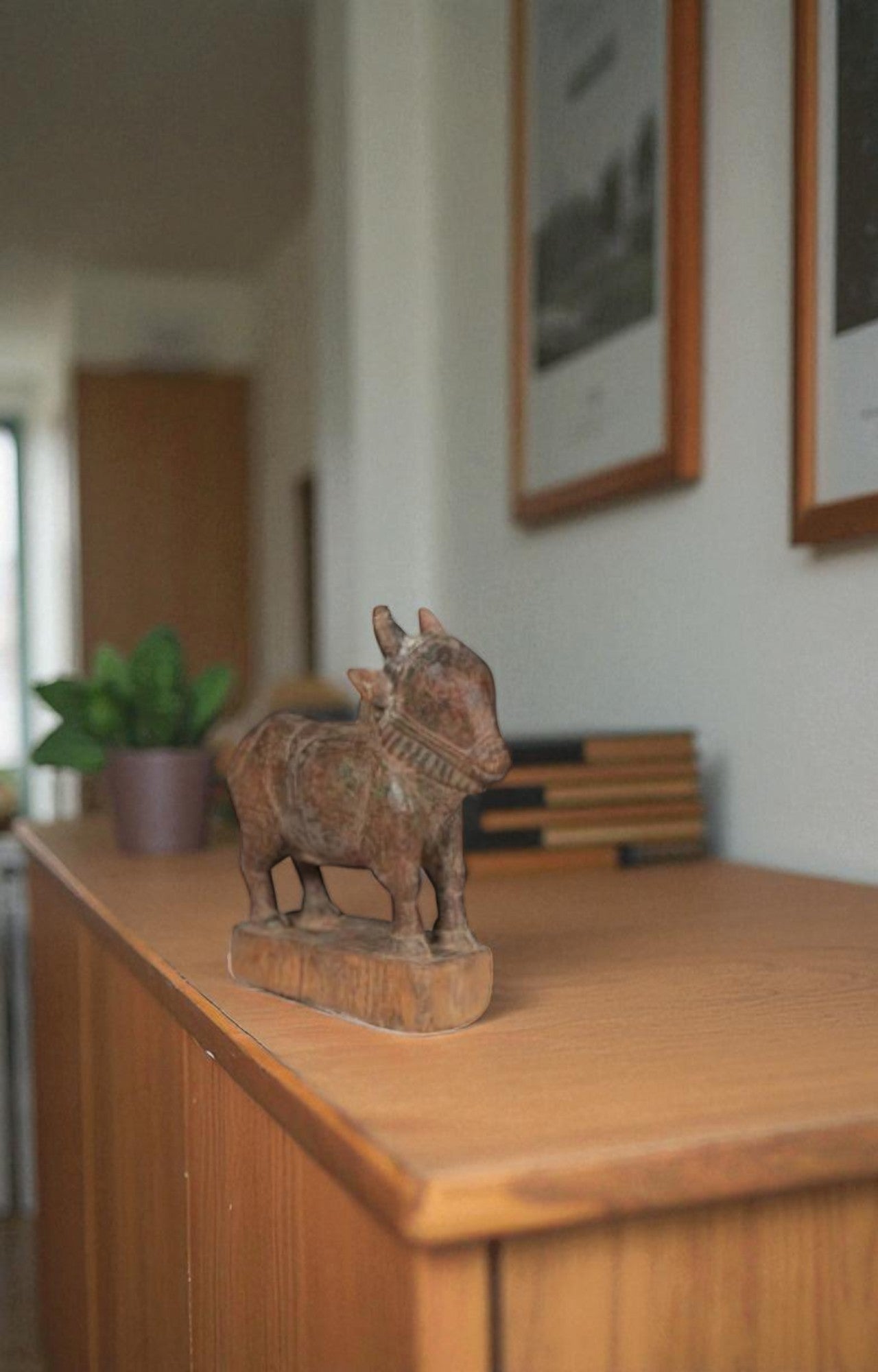 Hand-carved Nandi Figurine in Aged Teak