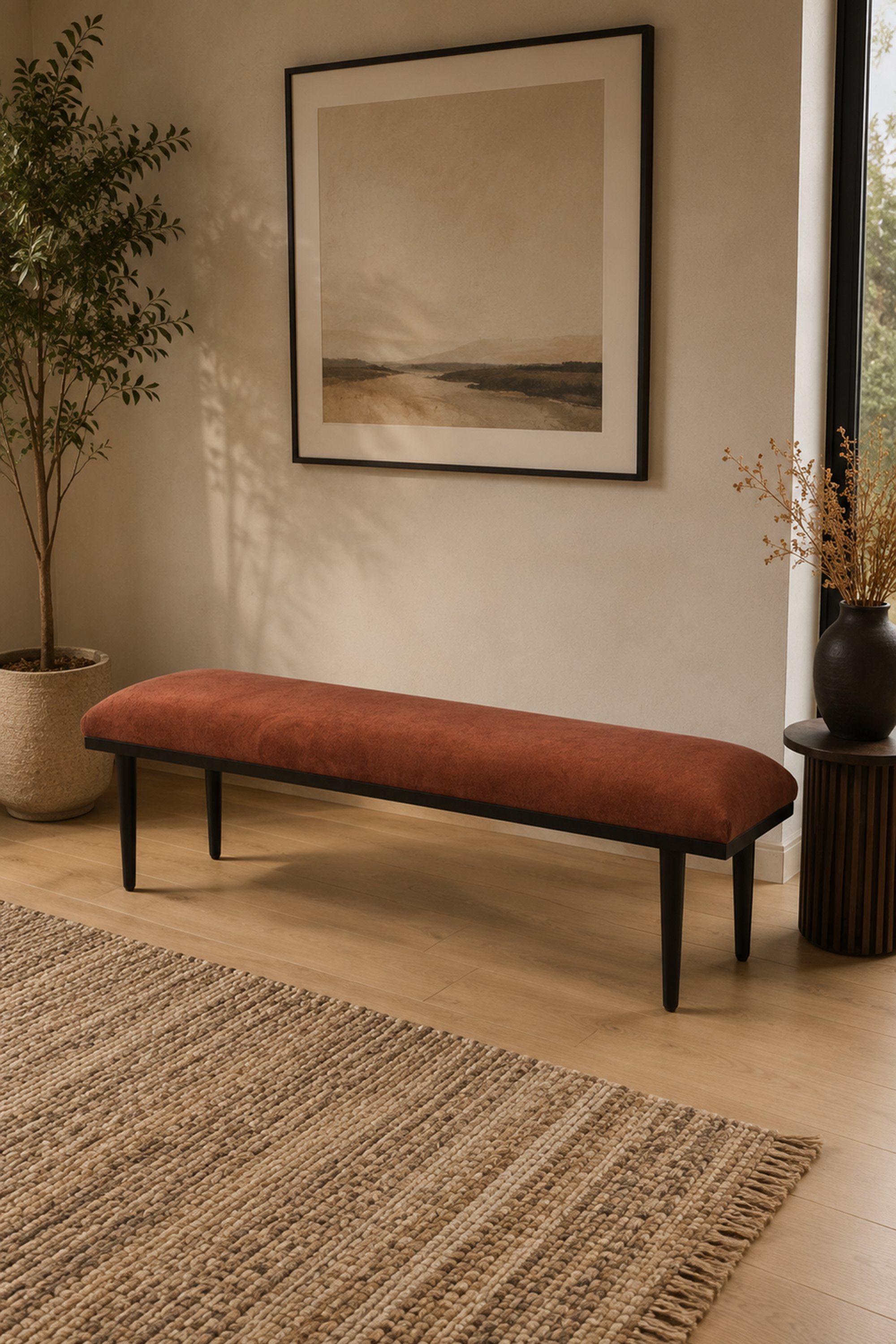 Rust Upholstered Wooden Living Room Bench