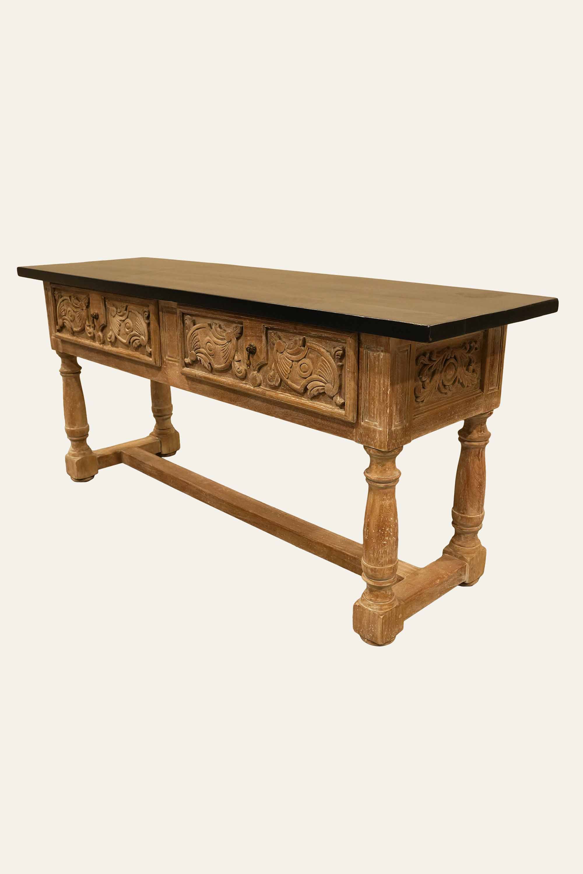 Spanish-Style Carved Wooden Acanthus Console Table with Two Drawers