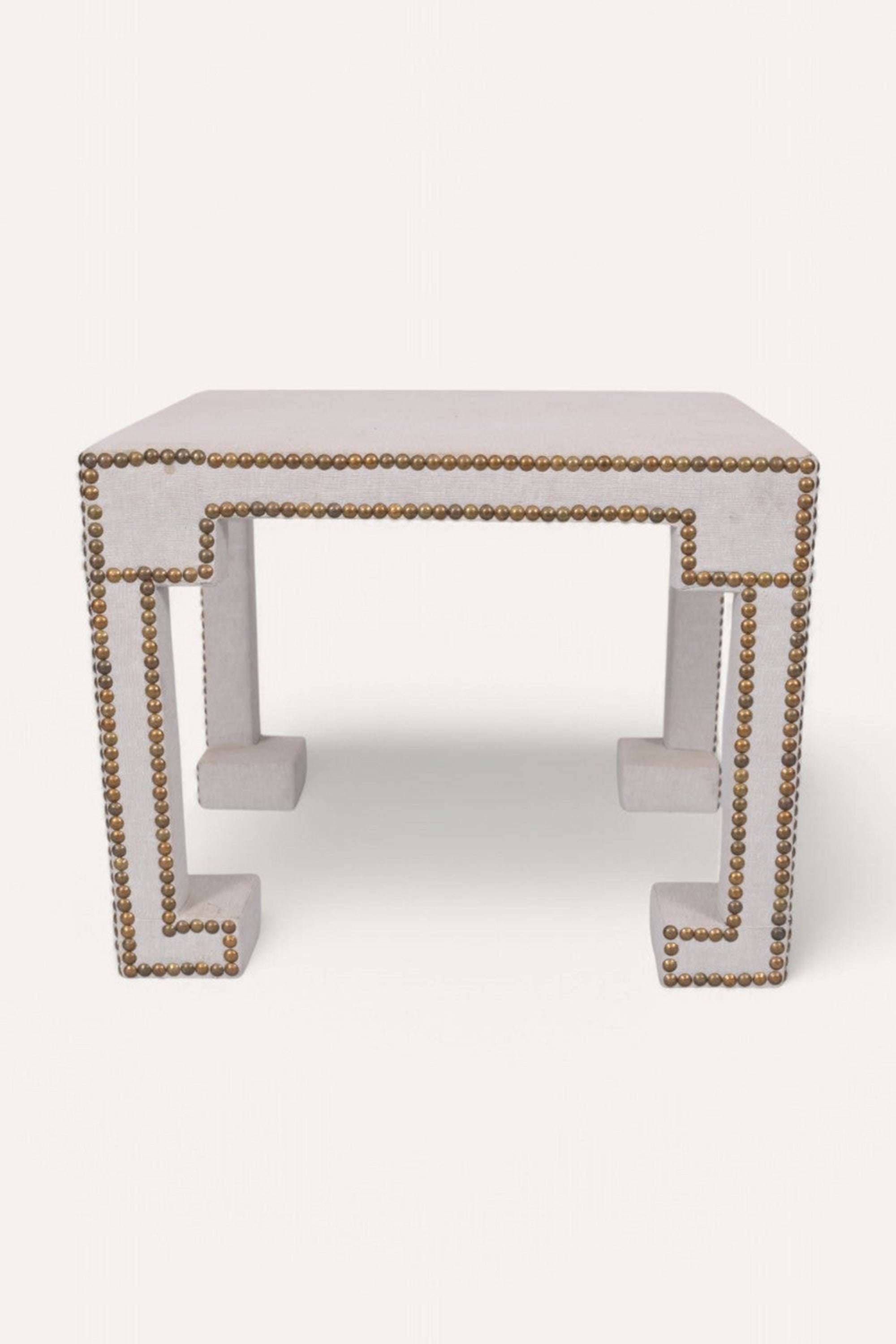 Square Linen Side Table with Brass Rivet Accents