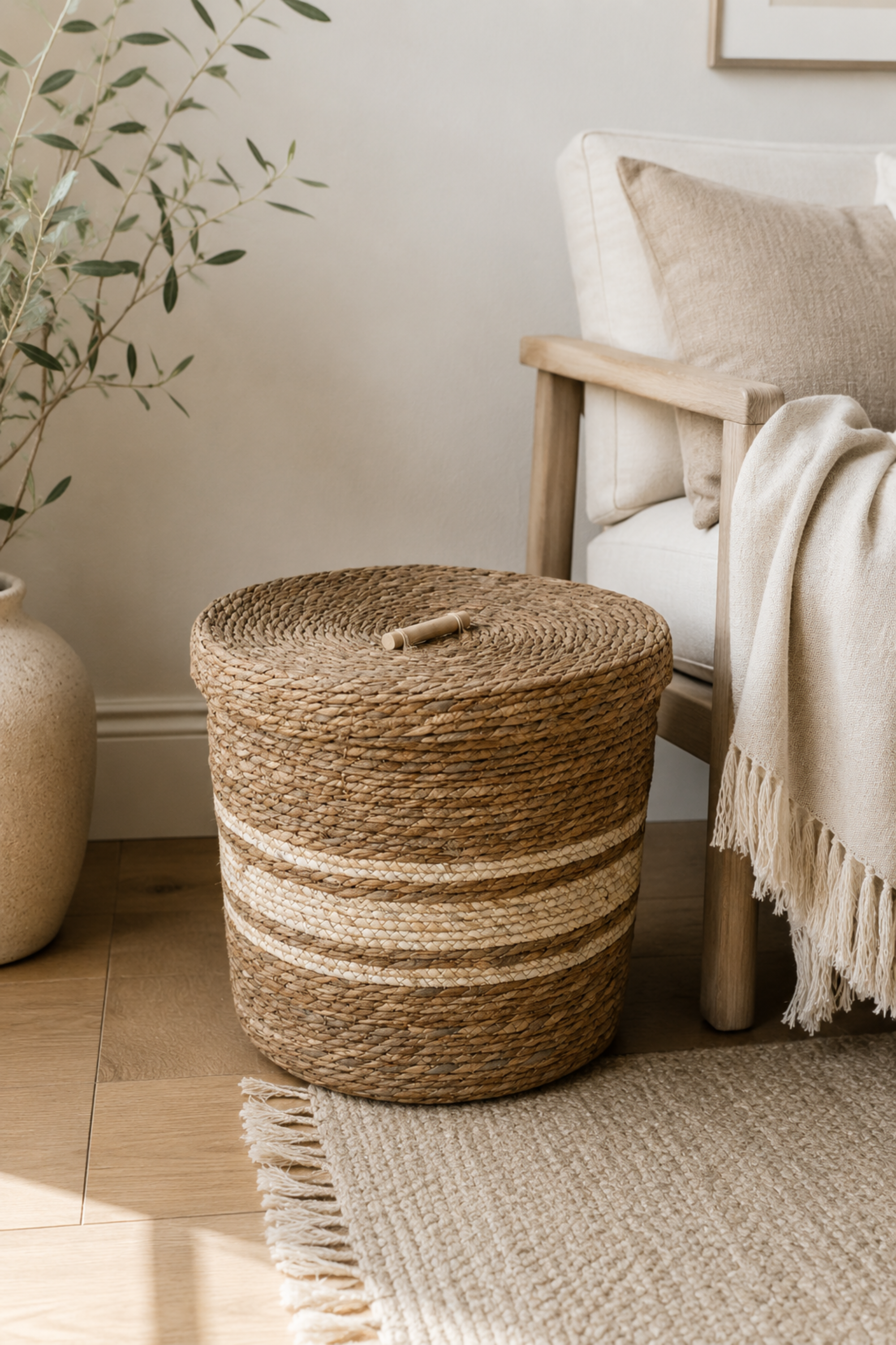 Striped Straw & Wood Lidded Basket - Large