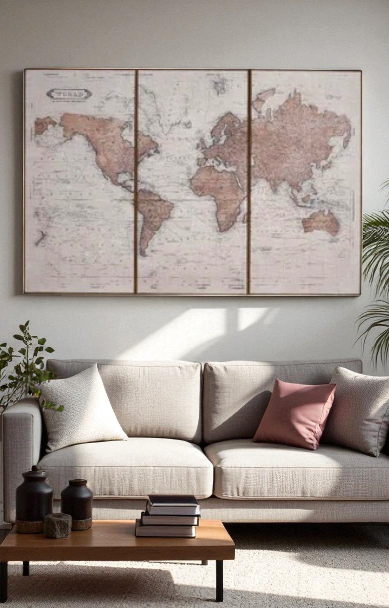 Set of 3 World Maps Textured Prints on Hessian Fabric