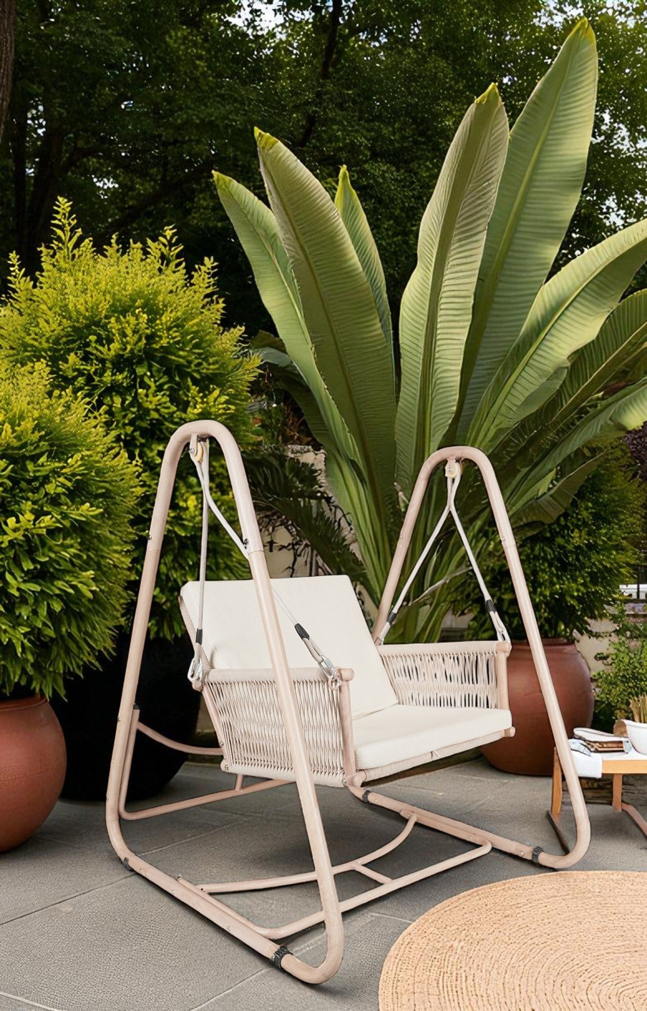 Porch One Seater Swing Garden Metal Chair with Nylon Ropes